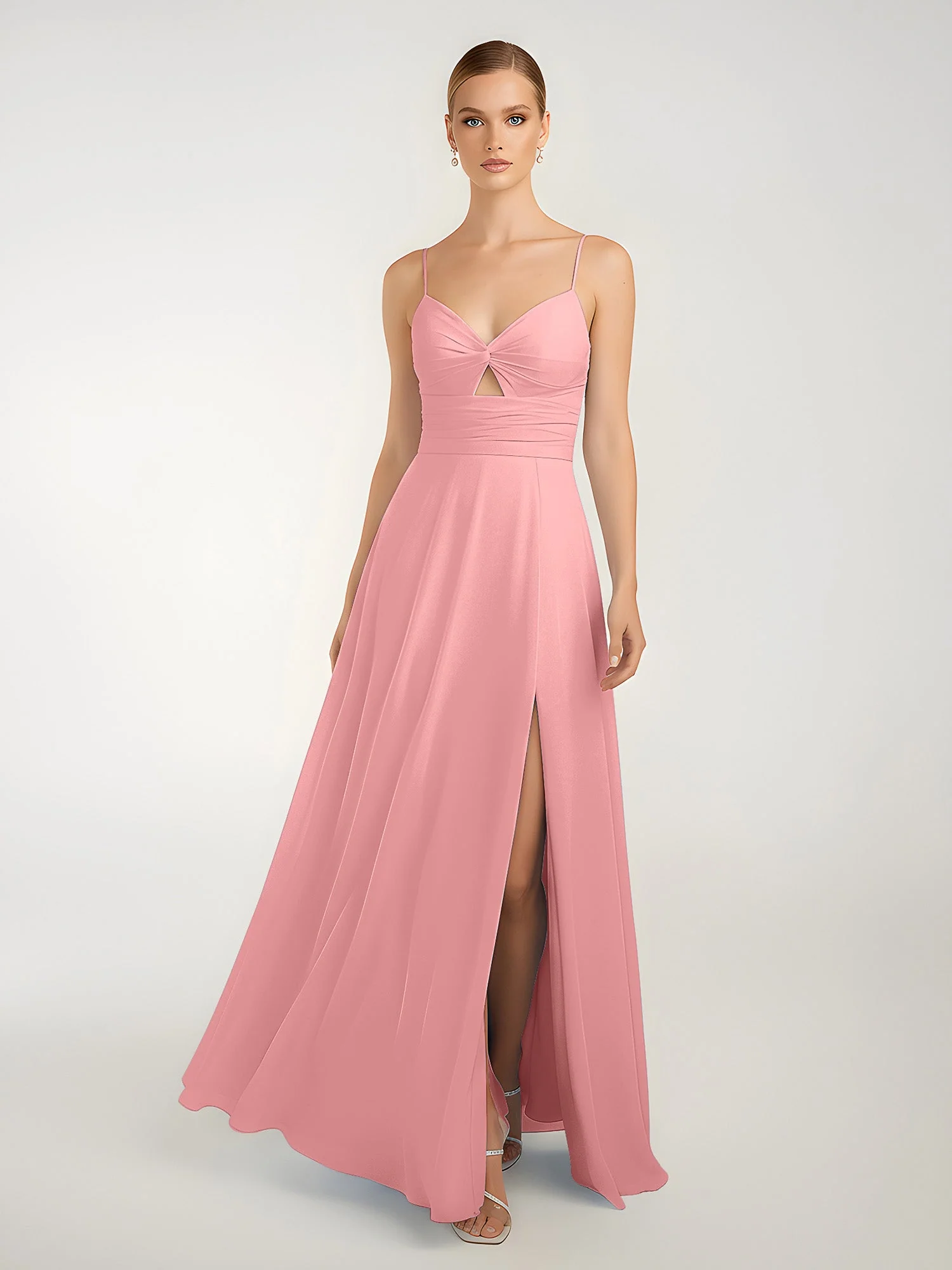 Chiffon A-Linie Gekreuzte Träger Kleid mit Schlitz Flamingo - Image 3