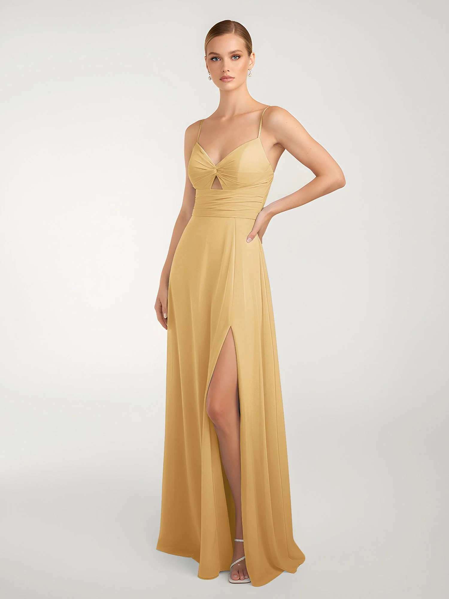 Chiffon A-Linie Gekreuzte Träger Kleid mit Schlitz Gold
