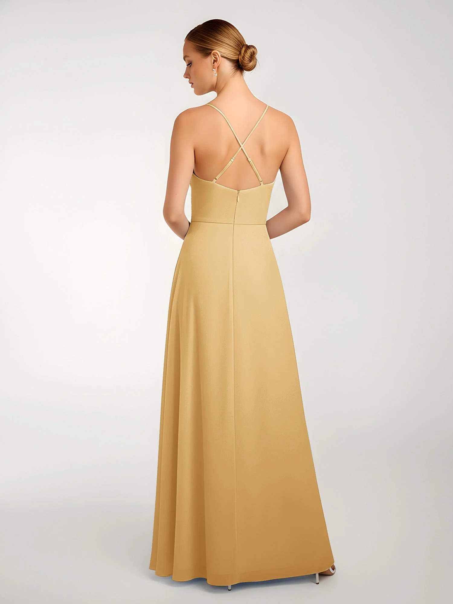 Chiffon A-Linie Gekreuzte Träger Kleid mit Schlitz Gold - Image 2