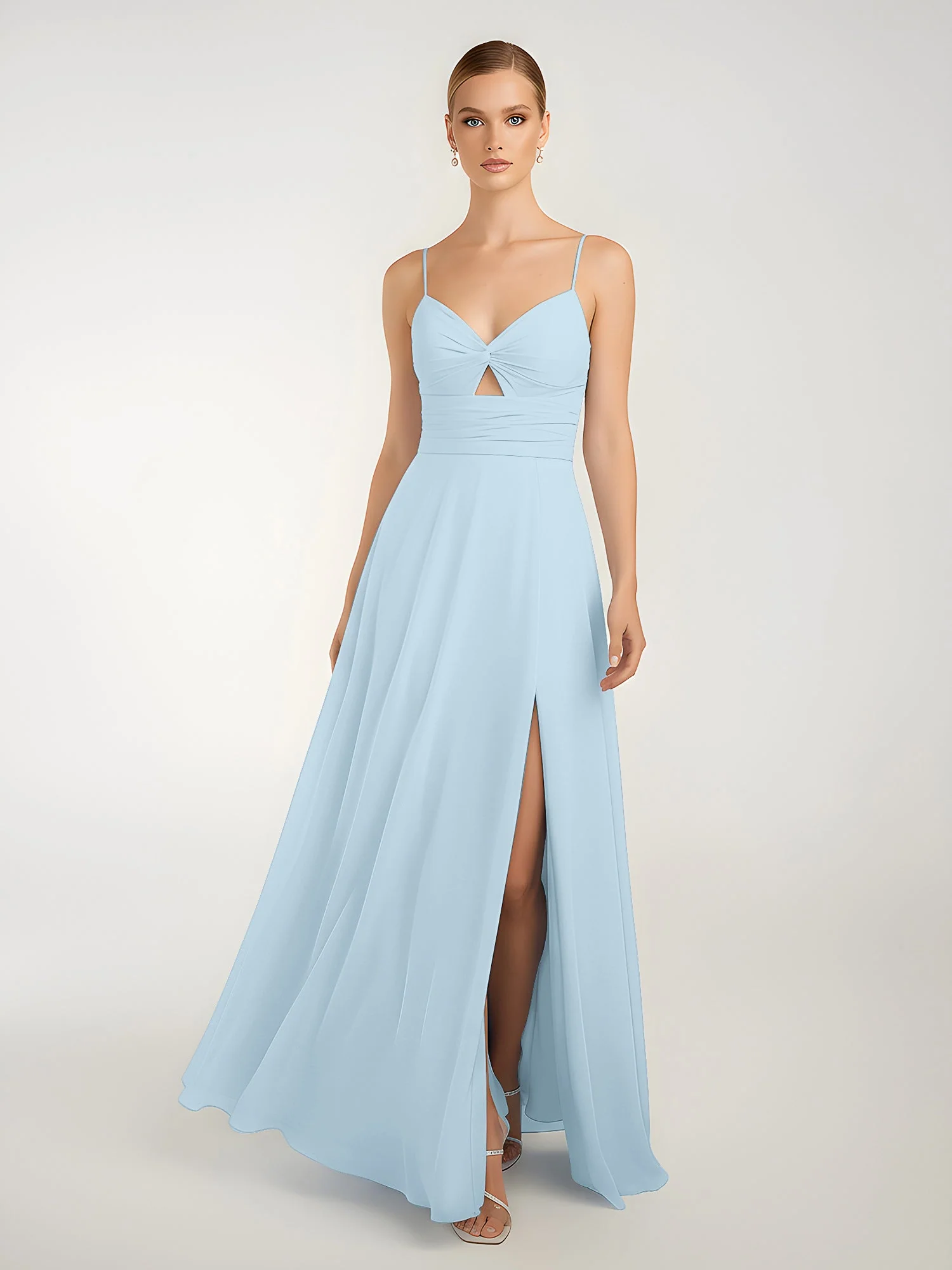 Chiffon A-Linie Gekreuzte Träger Kleid mit Schlitz Himmelblau - Image 3