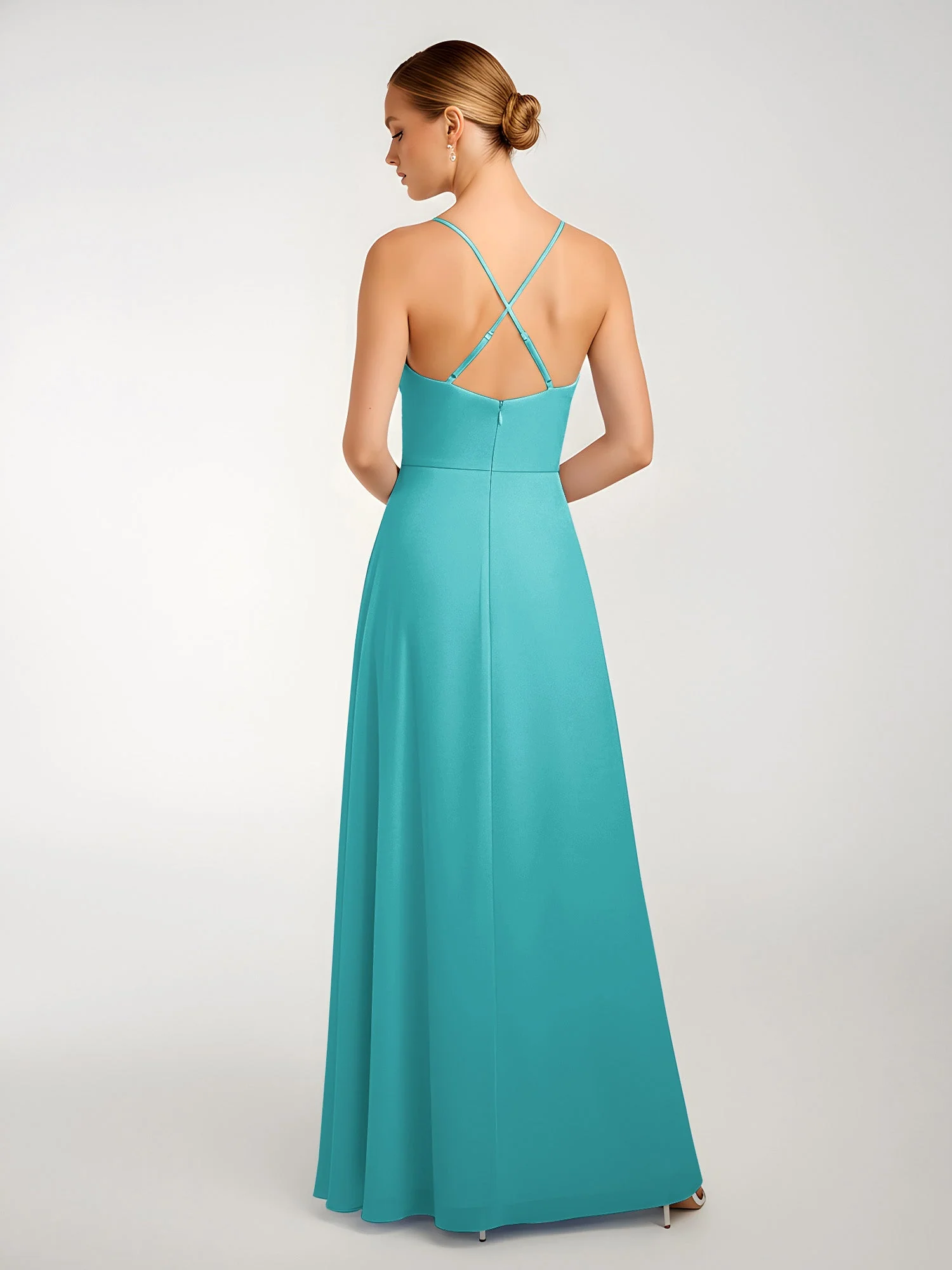 Chiffon A-Linie Gekreuzte Träger Kleid mit Schlitz Jade - Image 2