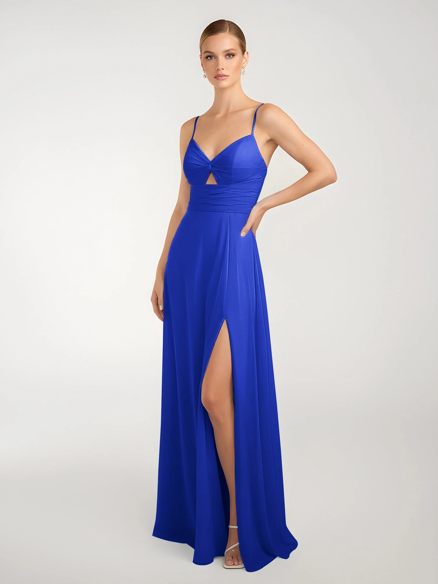Chiffon A-Linie Gekreuzte Träger Kleid mit Schlitz Königsblau