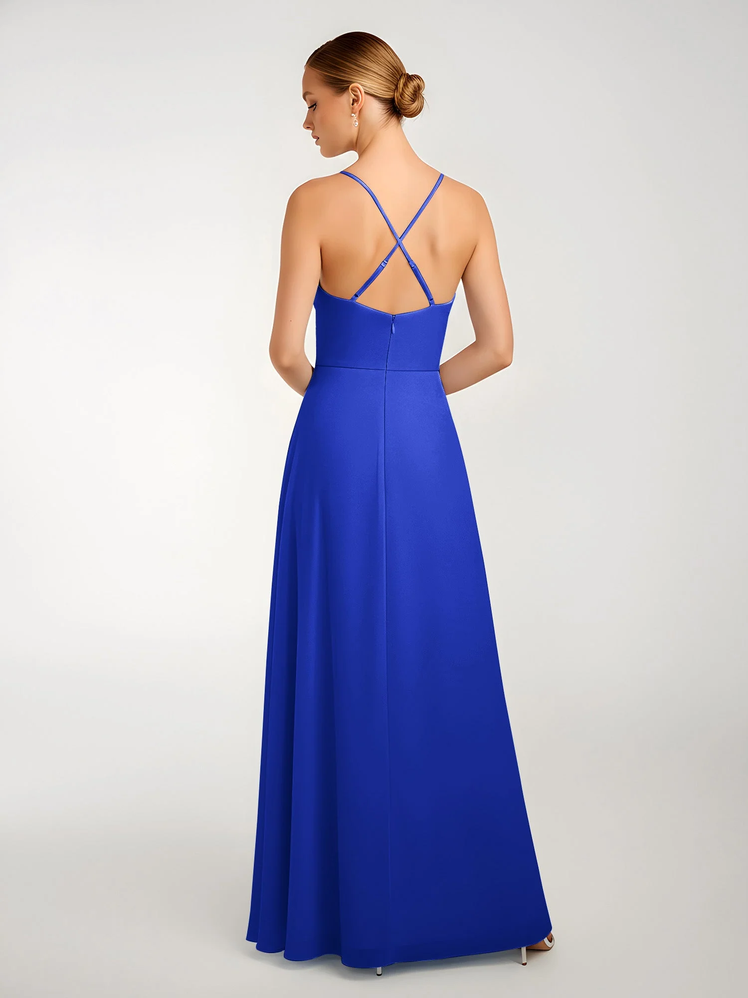Chiffon A-Linie Gekreuzte Träger Kleid mit Schlitz Königsblau - Image 2