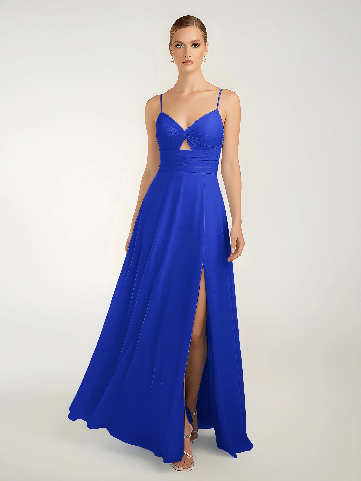 Chiffon A-Linie Gekreuzte Träger Kleid mit Schlitz Königsblau - Image 3