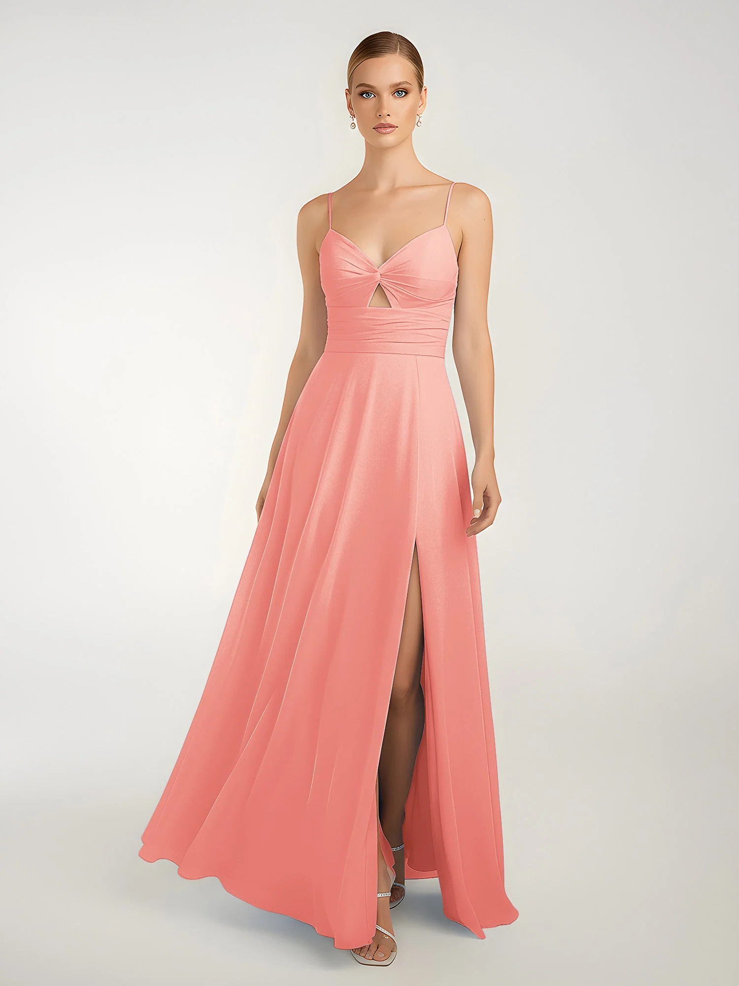 Chiffon A-Linie Gekreuzte Träger Kleid mit Schlitz Koralle - Image 3