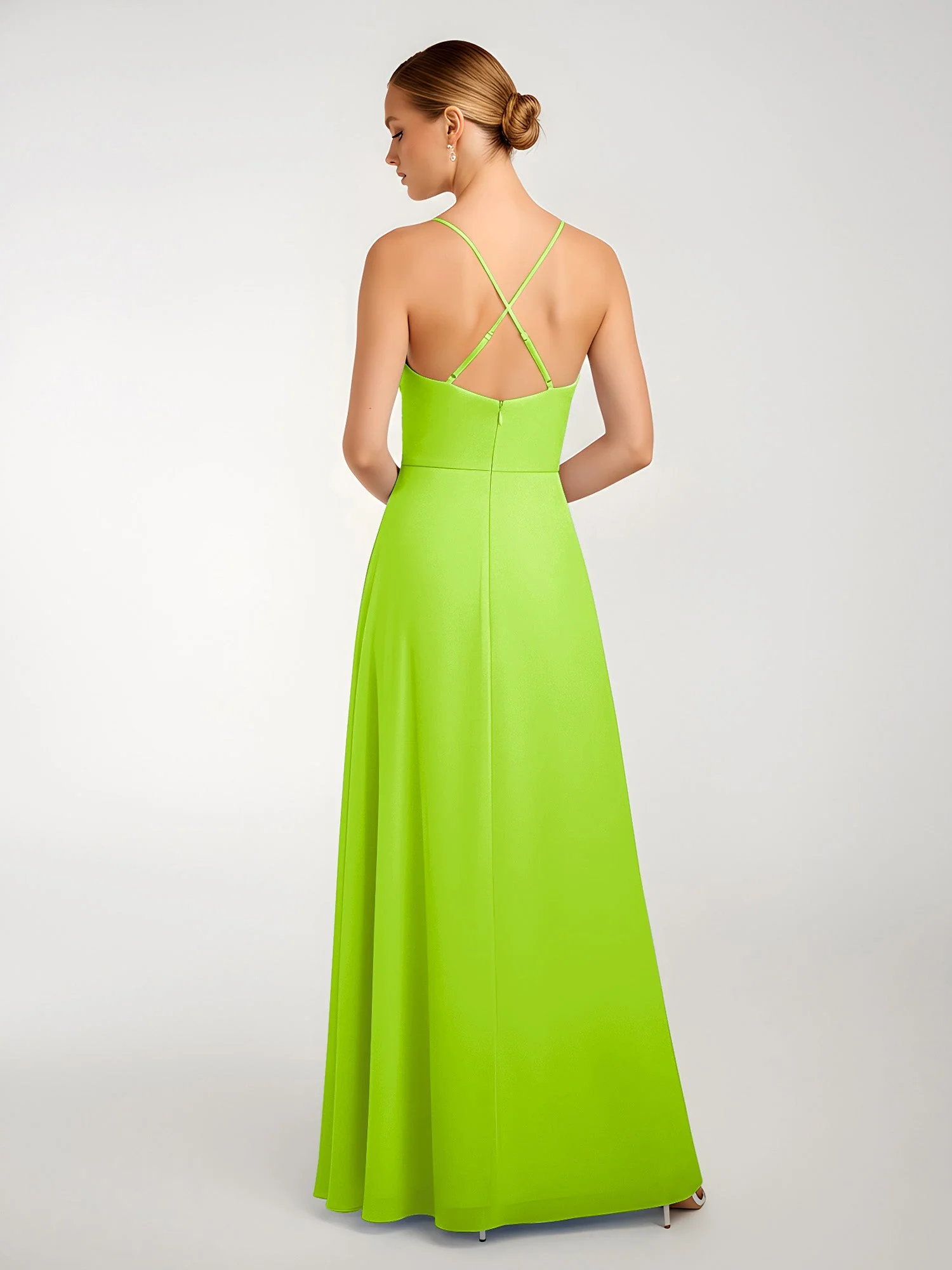 Chiffon A-Linie Gekreuzte Träger Kleid mit Schlitz Lindgrün - Image 2