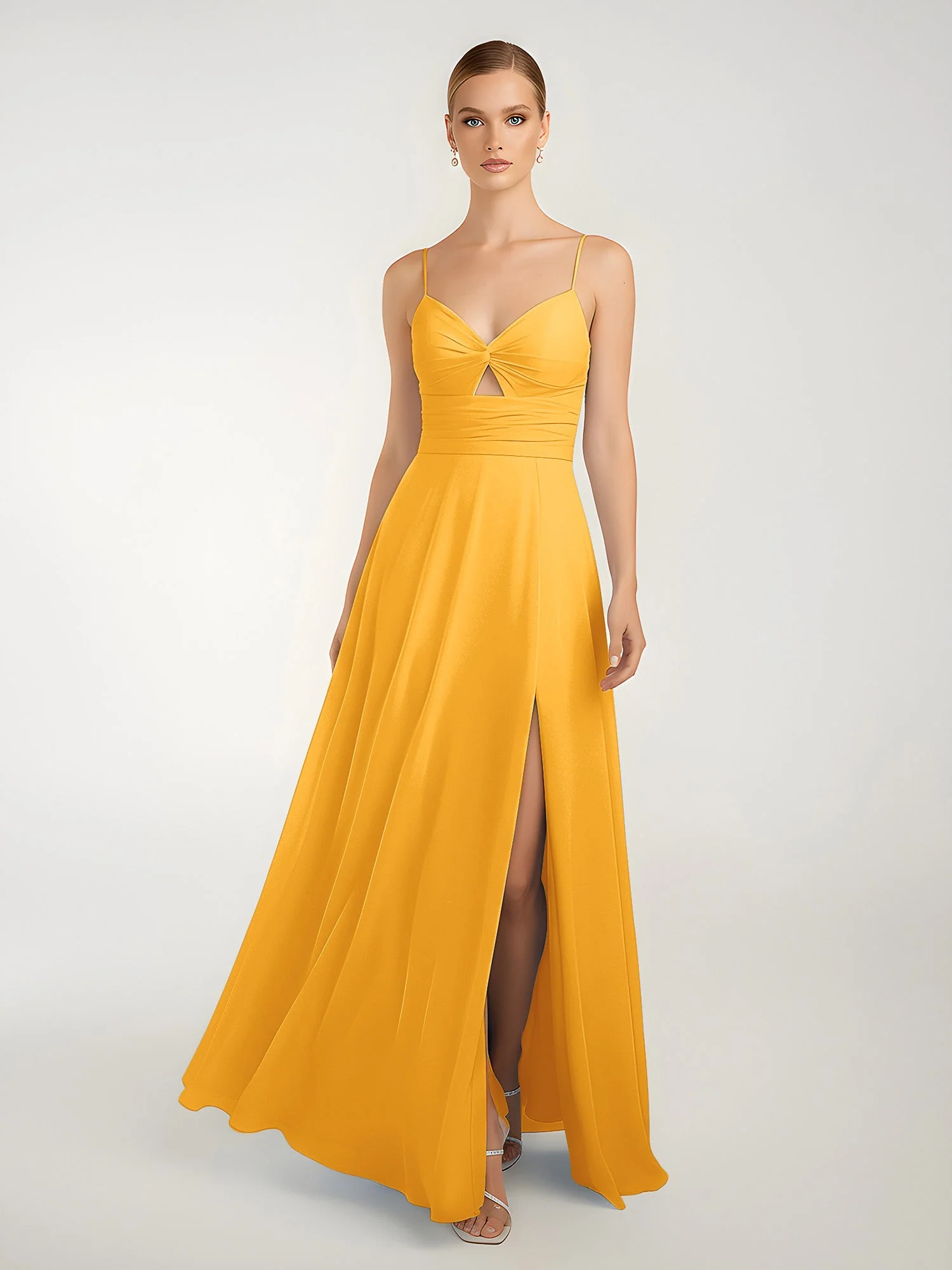 Chiffon A-Linie Gekreuzte Träger Kleid mit Schlitz Mandarine - Image 3