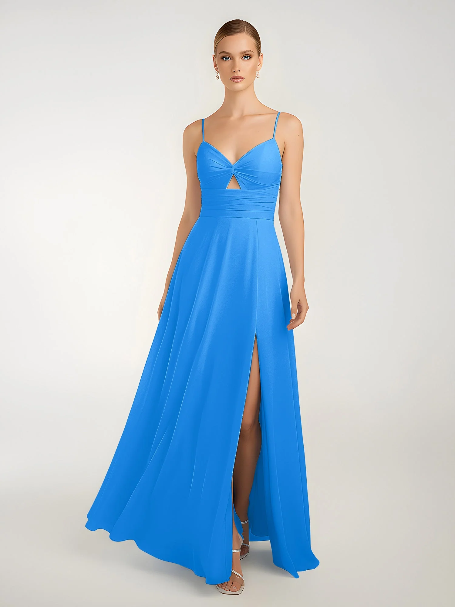 Chiffon A-Linie Gekreuzte Träger Kleid mit Schlitz Meerblau - Image 3