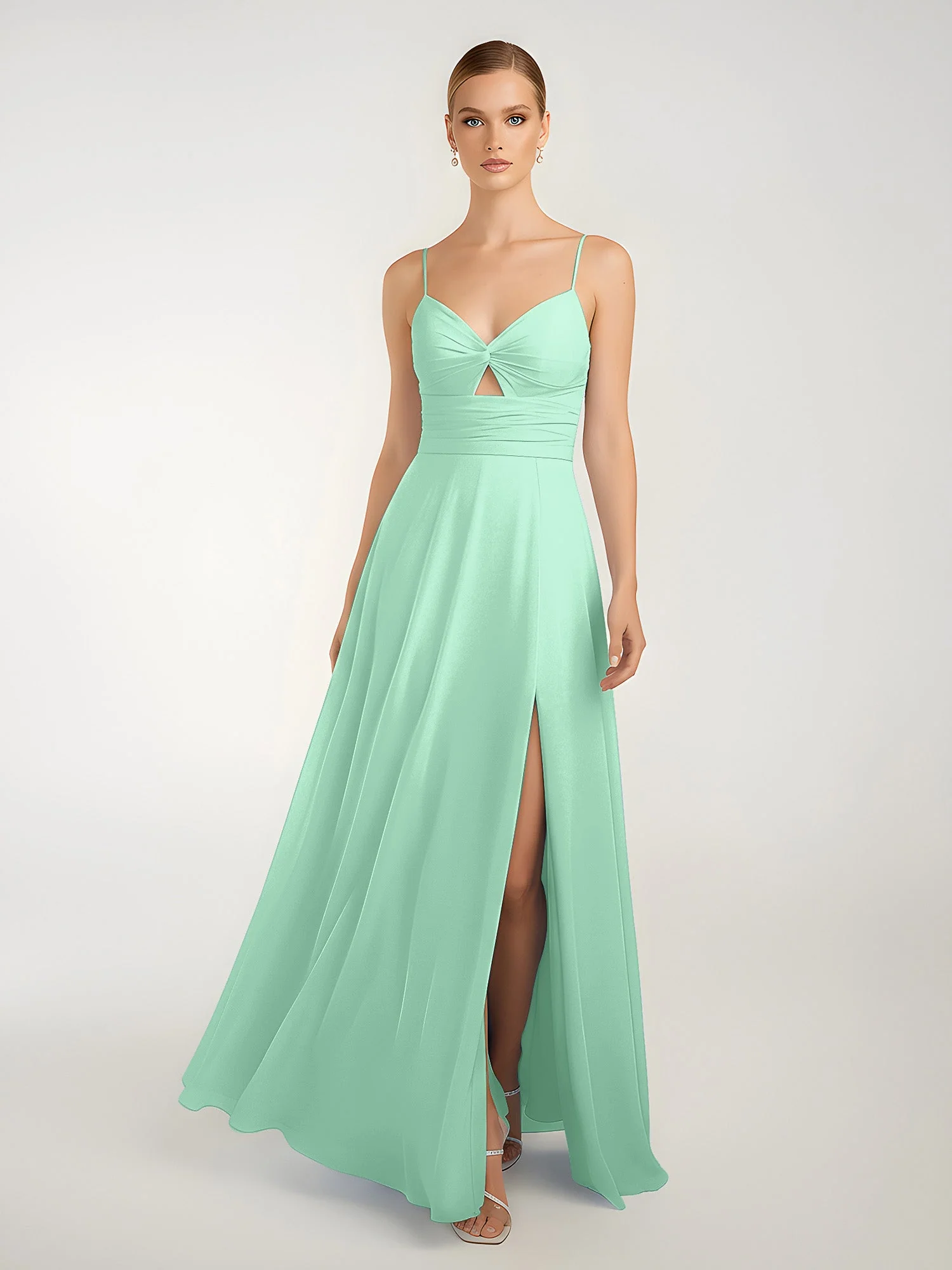 Chiffon A-Linie Gekreuzte Träger Kleid mit Schlitz Minzgrün - Image 3