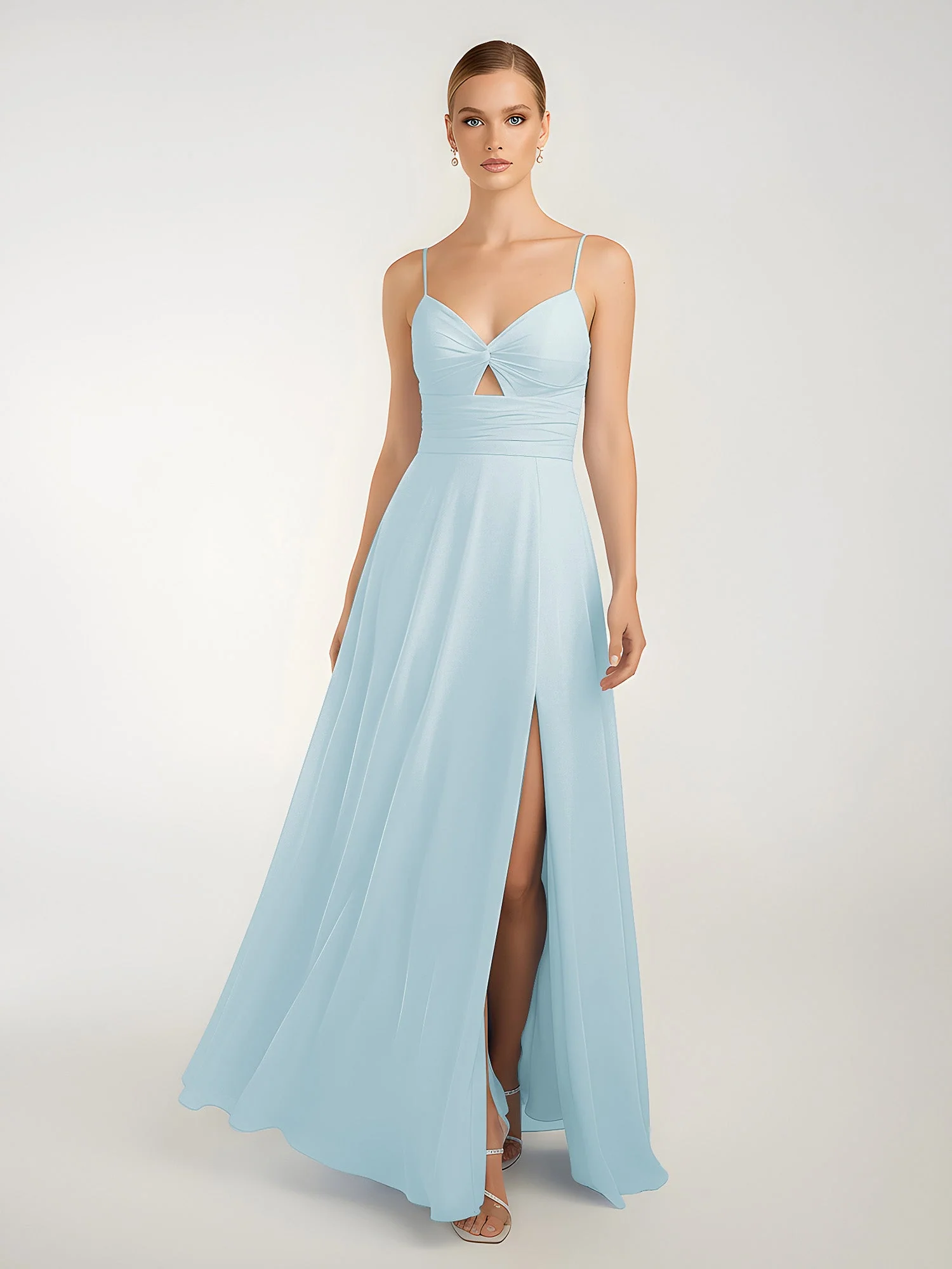Chiffon A-Linie Gekreuzte Träger Kleid mit Schlitz Nebel - Image 3