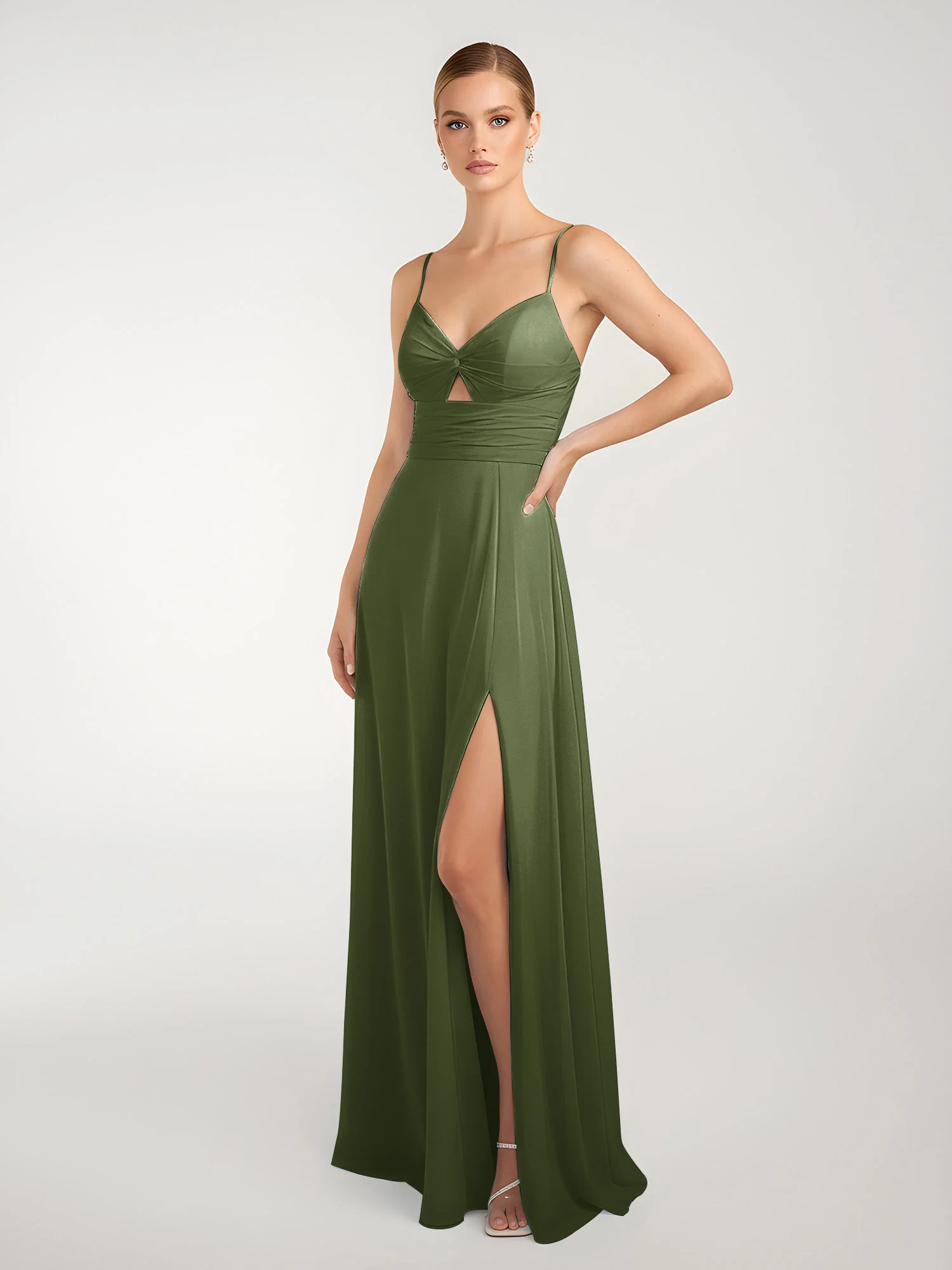 Chiffon A-Linie Gekreuzte Träger Kleid mit Schlitz Olivgrün