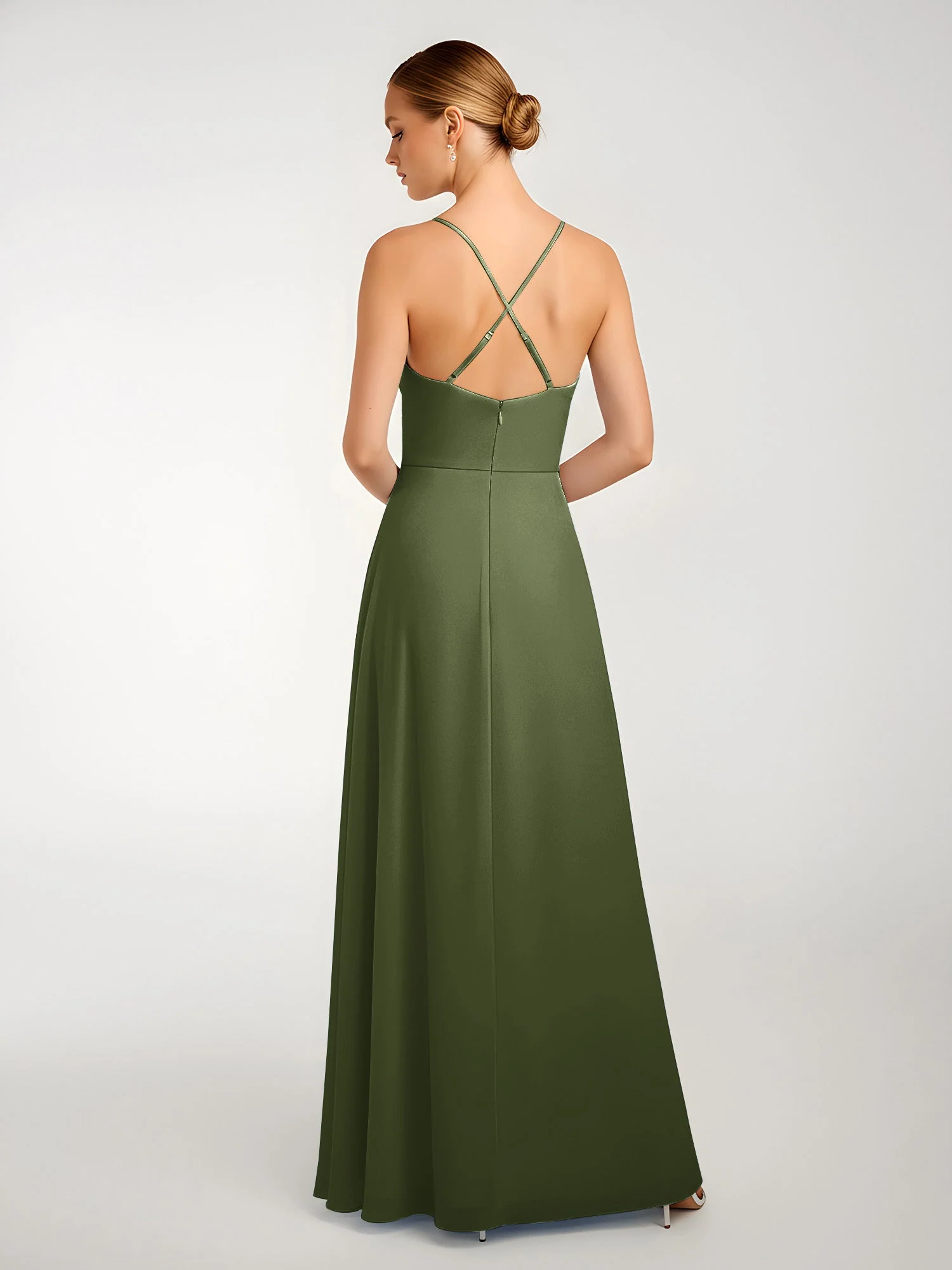 Chiffon A-Linie Gekreuzte Träger Kleid mit Schlitz Olivgrün - Image 2