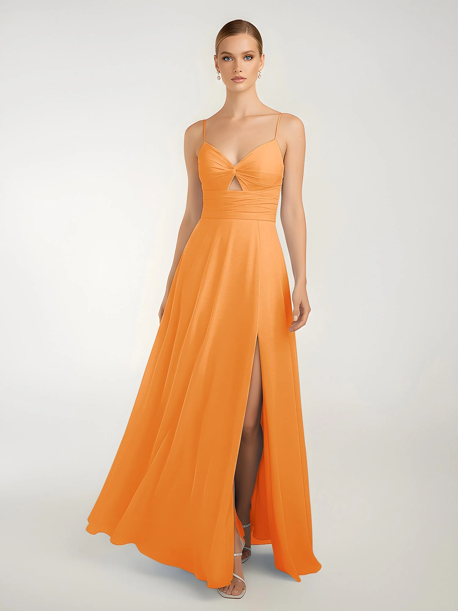 Chiffon A-Linie Gekreuzte Träger Kleid mit Schlitz Orange - Image 3