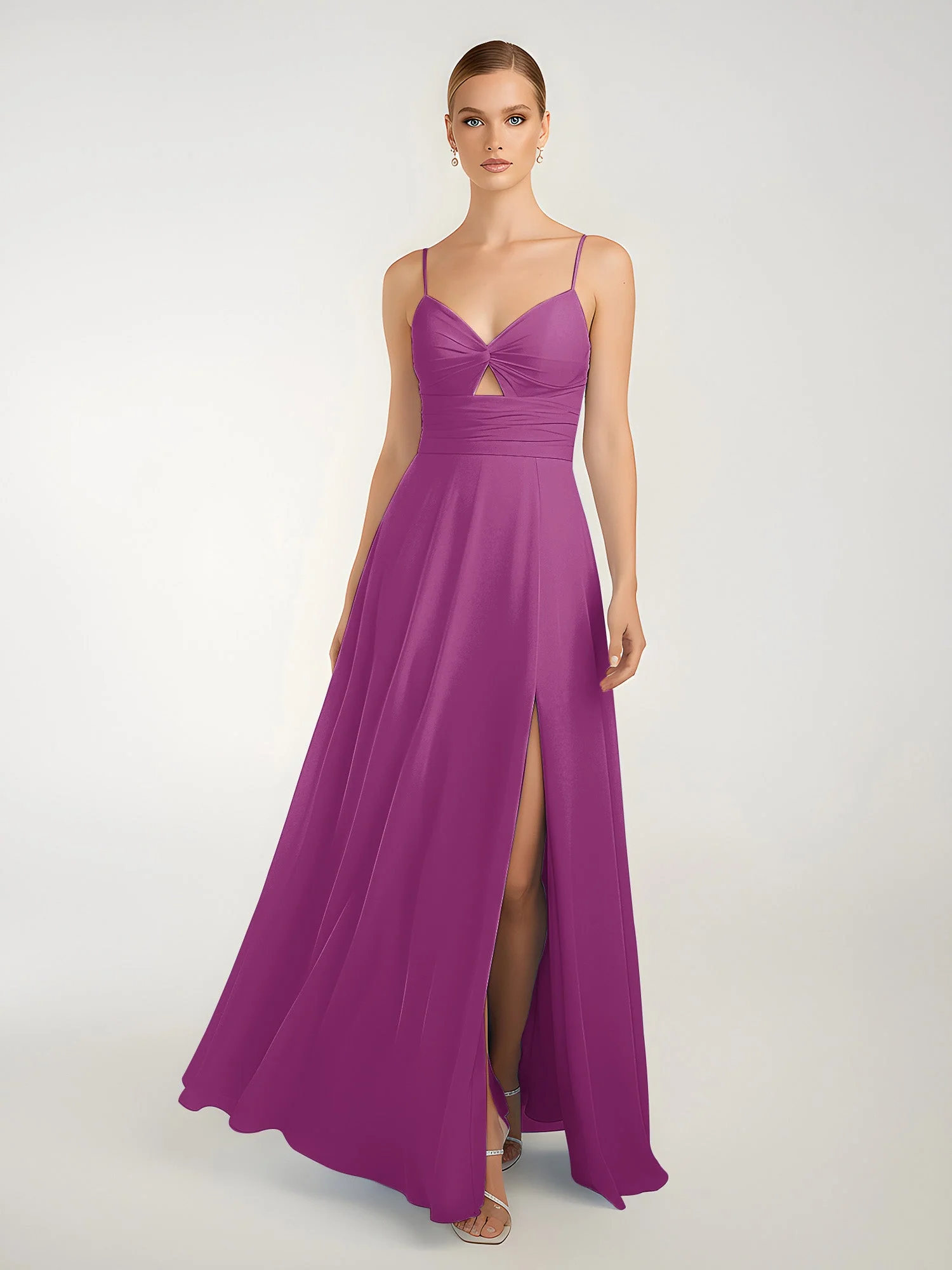 Chiffon A-Linie Gekreuzte Träger Kleid mit Schlitz Orchidee - Image 3