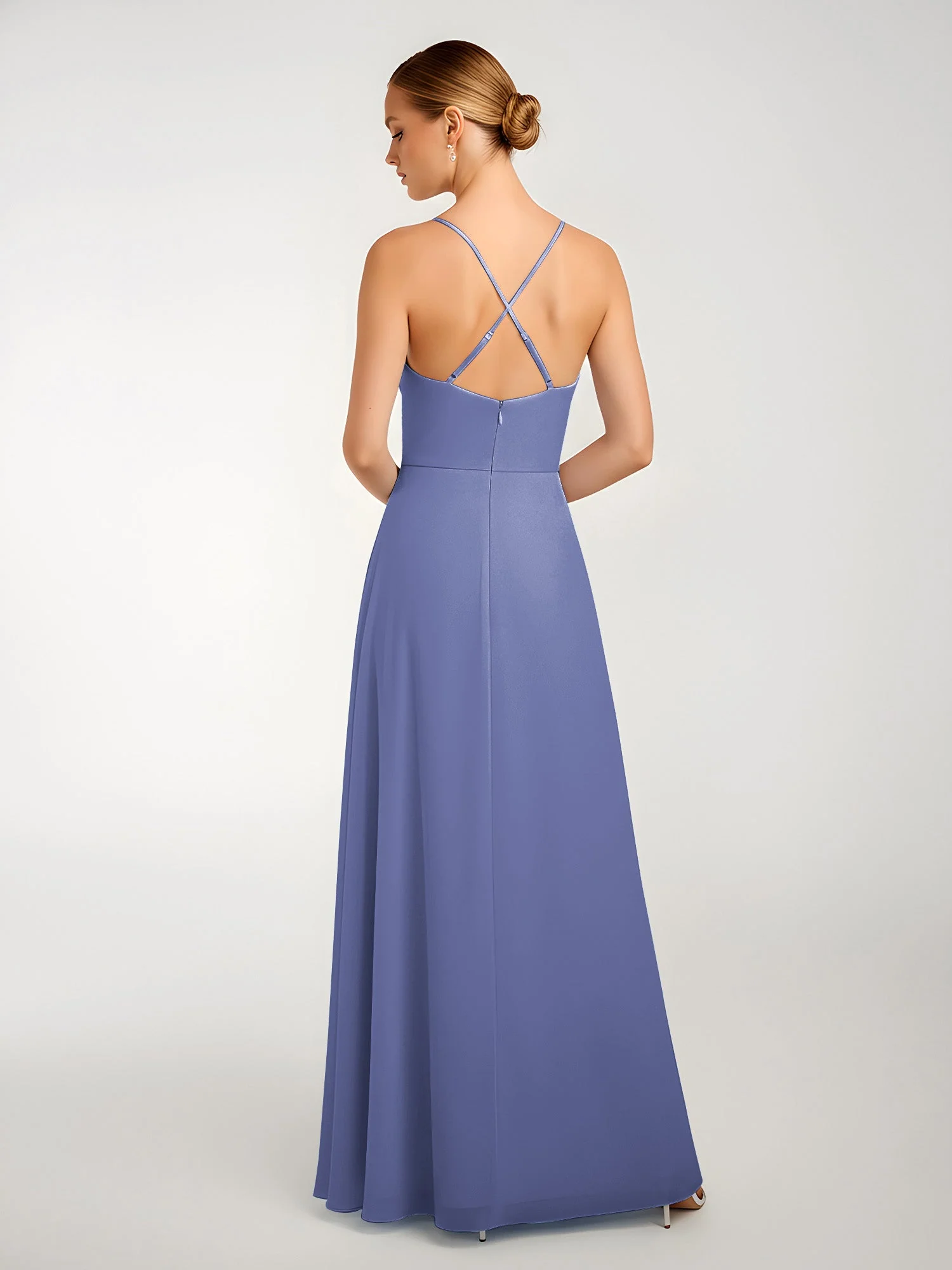 Chiffon A-Linie Gekreuzte Träger Kleid mit Schlitz Periwinkleblau - Image 2