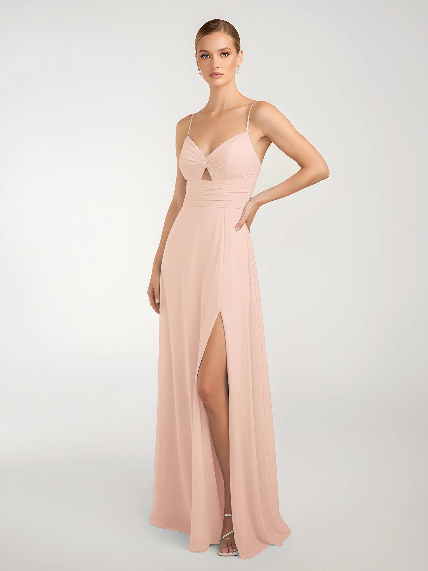 Chiffon A-Linie Gekreuzte Träger Kleid mit Schlitz Perlrosa