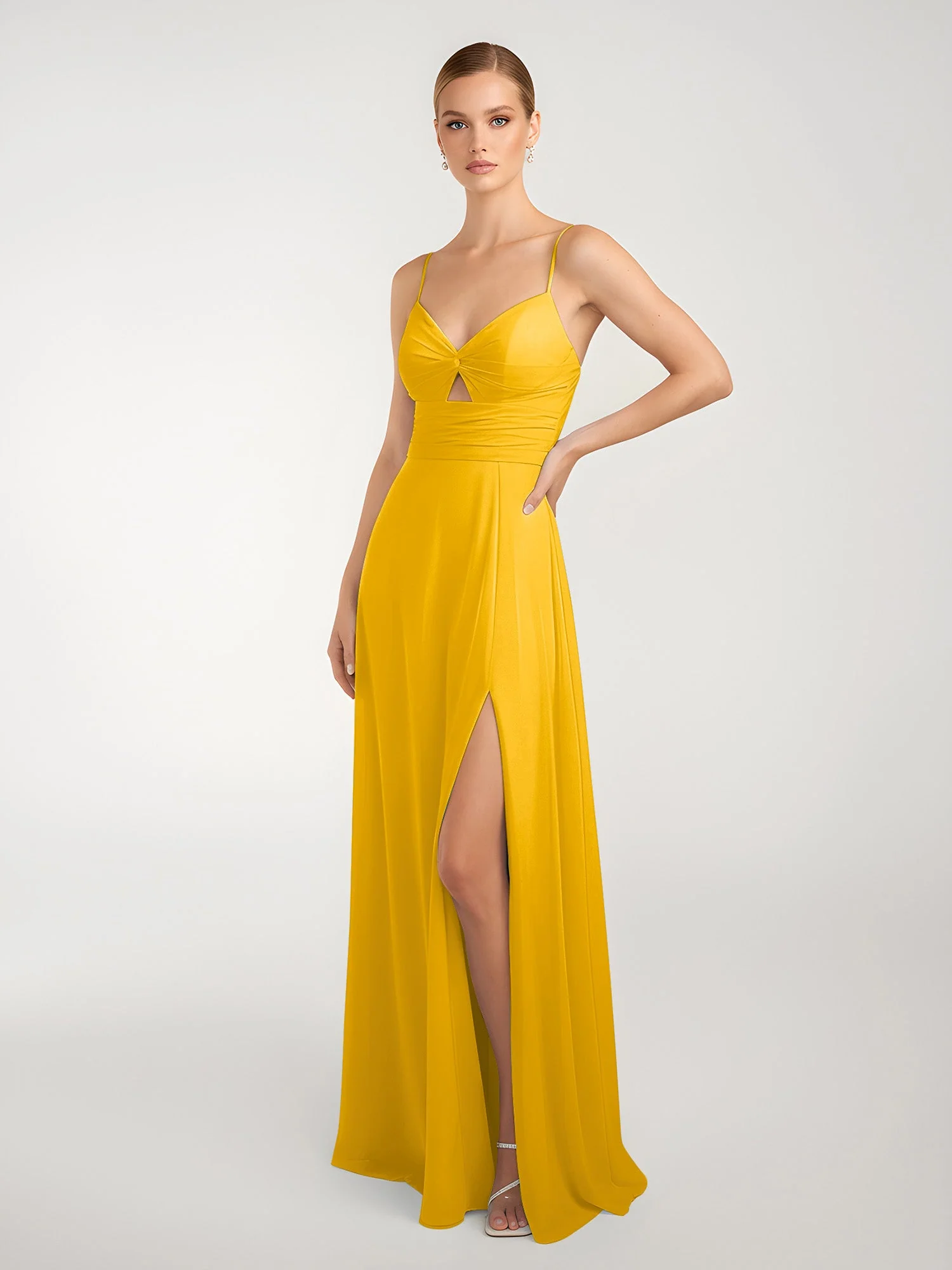 Chiffon A-Linie Gekreuzte Träger Kleid mit Schlitz Ringelblume