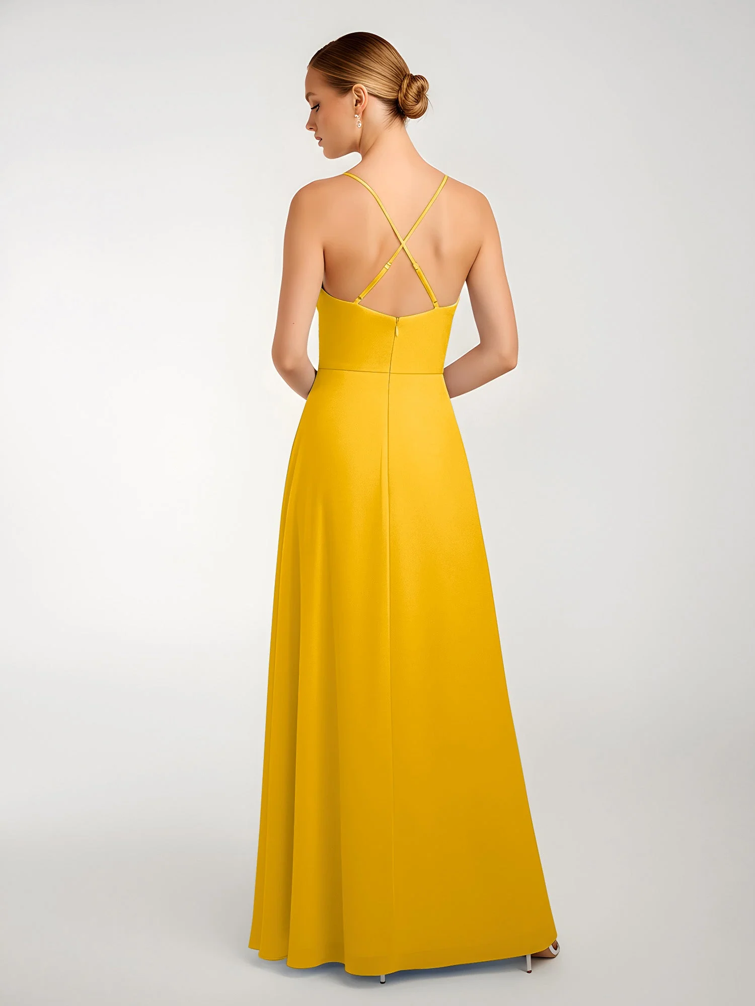 Chiffon A-Linie Gekreuzte Träger Kleid mit Schlitz Ringelblume - Image 2