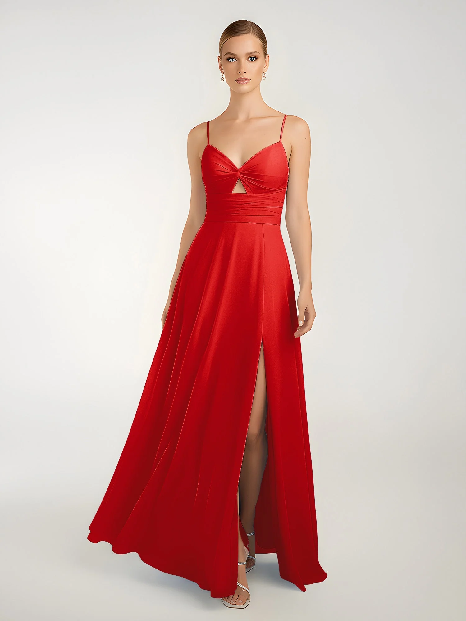 Chiffon A-Linie Gekreuzte TrÀger Kleid mit Schlitz Rot - Image 3