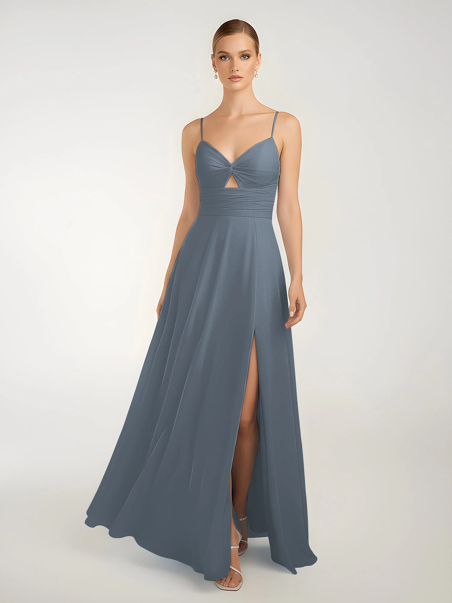 Chiffon A-Linie Gekreuzte Träger Kleid mit Schlitz Schiefer Blau - Image 3