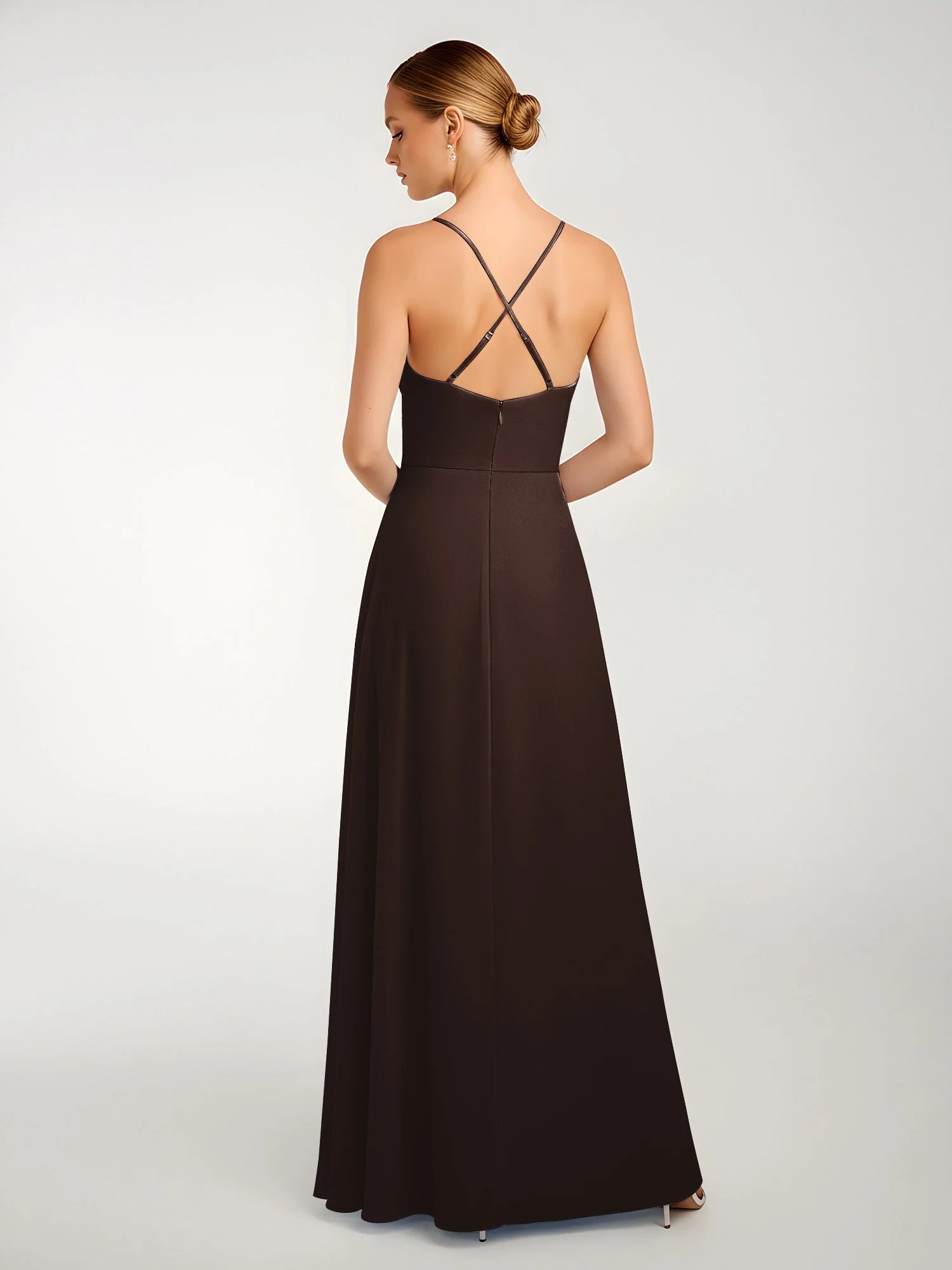 Chiffon A-Linie Gekreuzte Träger Kleid mit Schlitz Schokolade - Image 2