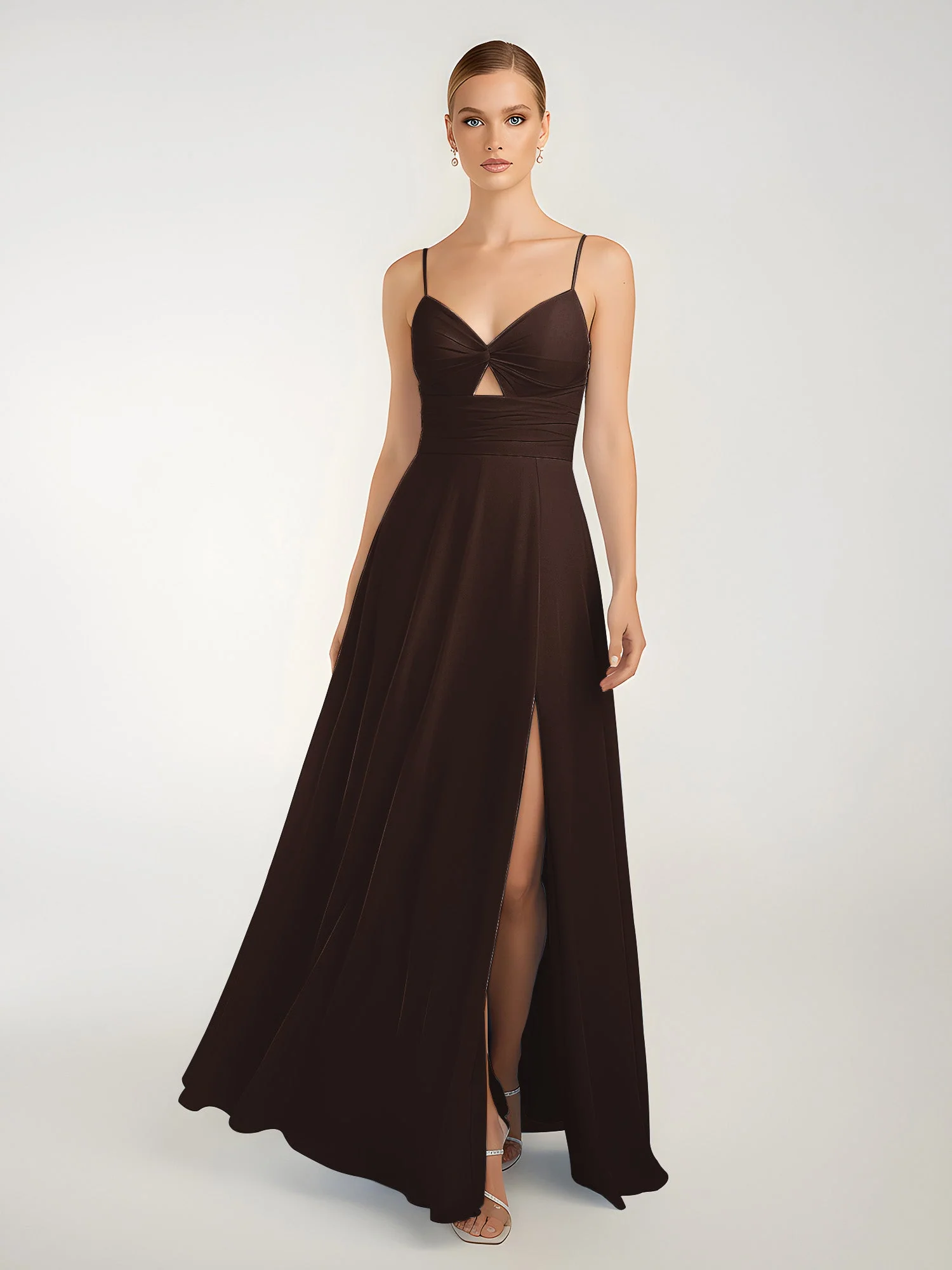 Chiffon A-Linie Gekreuzte Träger Kleid mit Schlitz Schokolade - Image 3