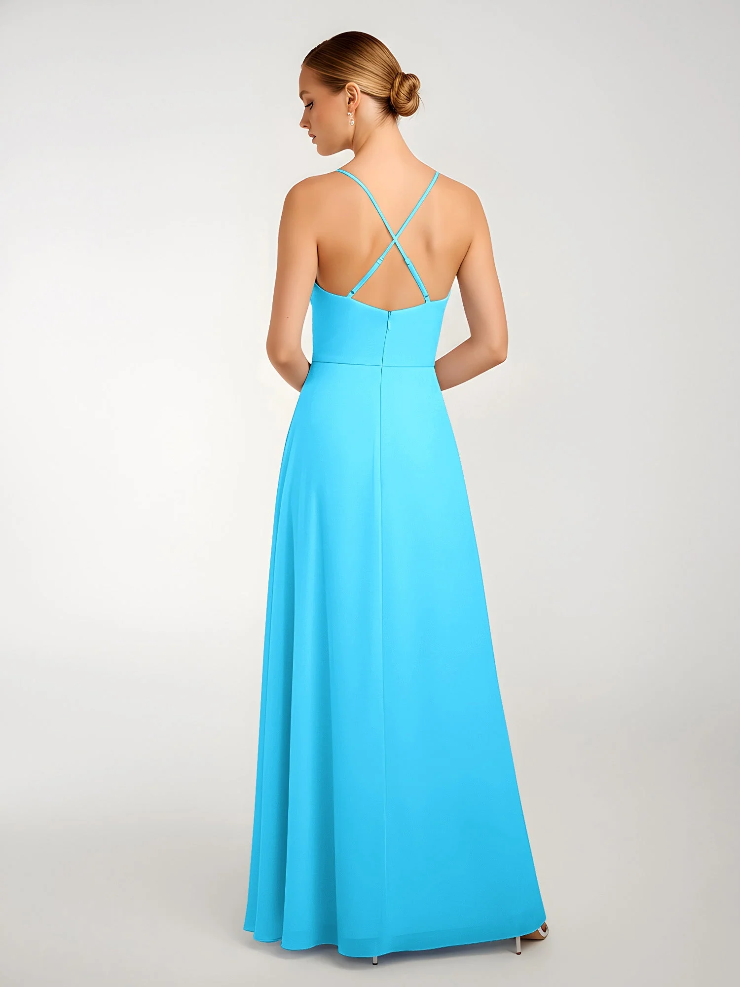 Chiffon A-Linie Gekreuzte Träger Kleid mit Schlitz Schwimmbadblau - Image 2