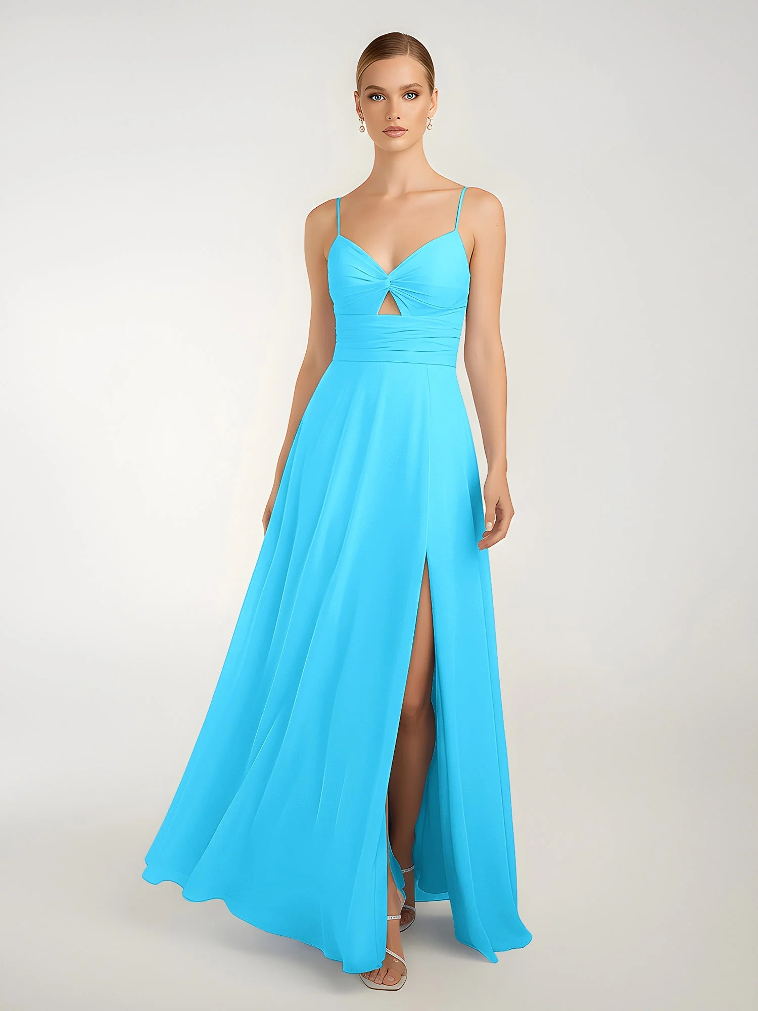 Chiffon A-Linie Gekreuzte Träger Kleid mit Schlitz Schwimmbadblau - Image 3