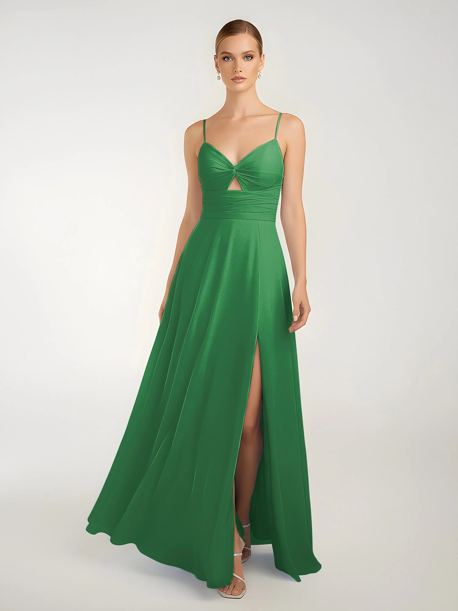 Chiffon A-Linie Gekreuzte Träger Kleid mit Schlitz Smaragd - Image 3