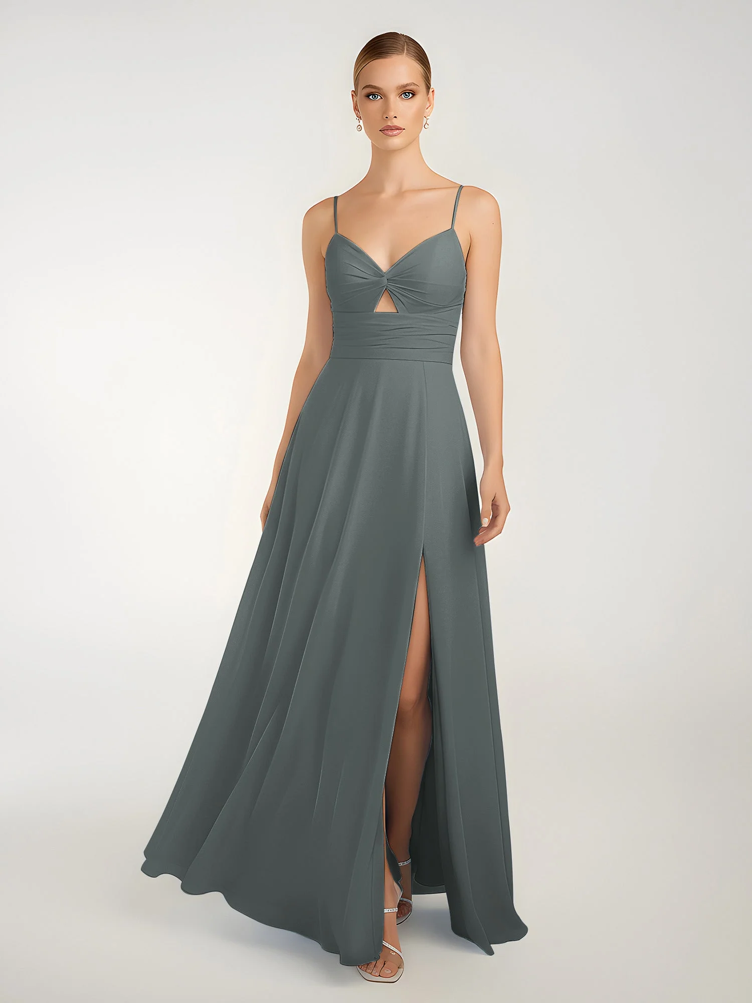 Chiffon A-Linie Gekreuzte Träger Kleid mit Schlitz Stahlgrau - Image 3