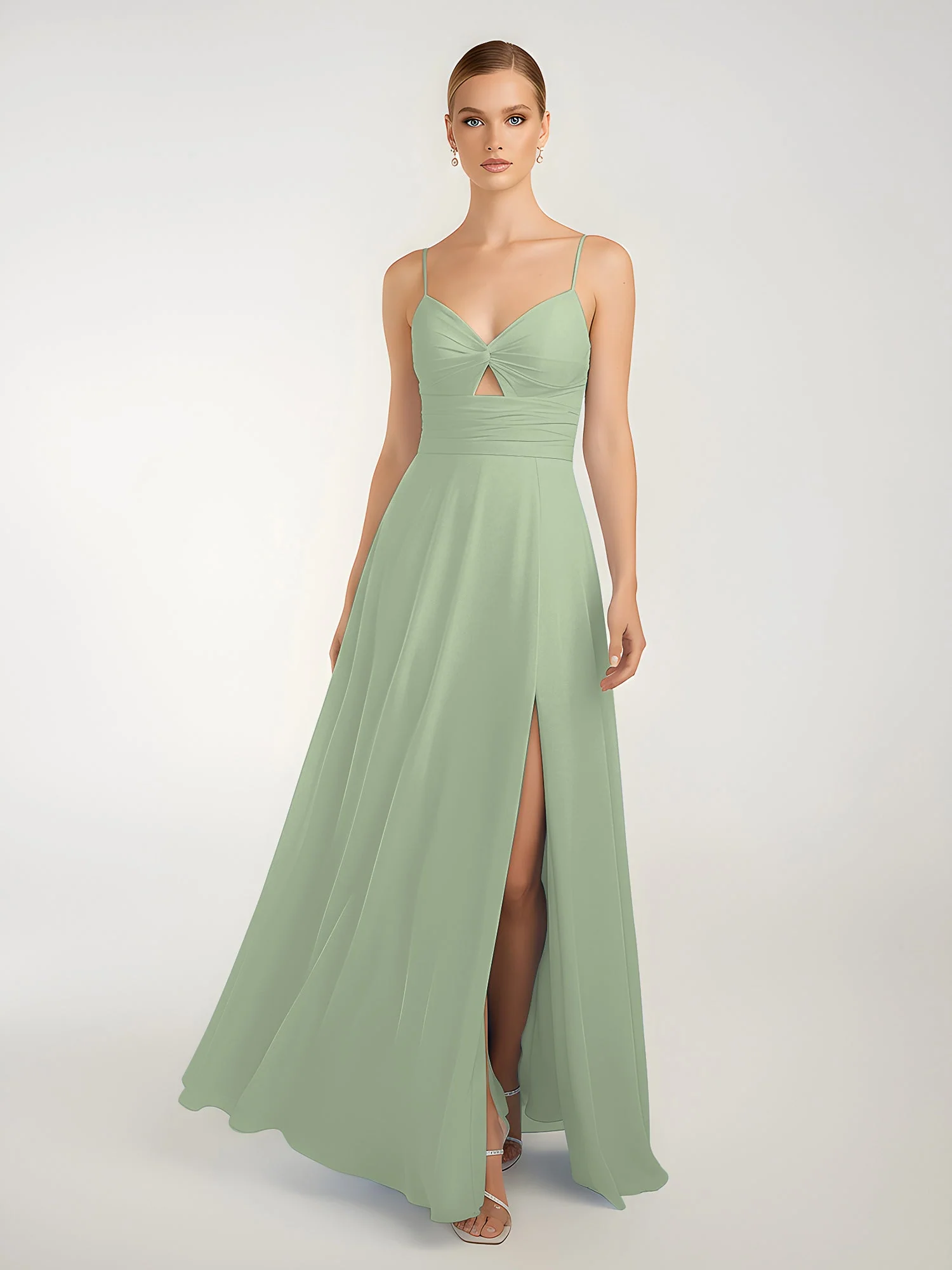 Chiffon A-Linie Gekreuzte Träger Kleid mit Schlitz Staubiges Salbei - Image 3