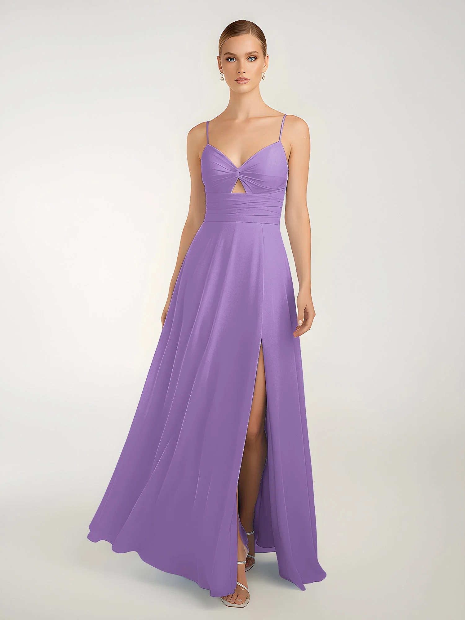 Chiffon A-Linie Gekreuzte Träger Kleid mit Schlitz Tahiti - Image 3