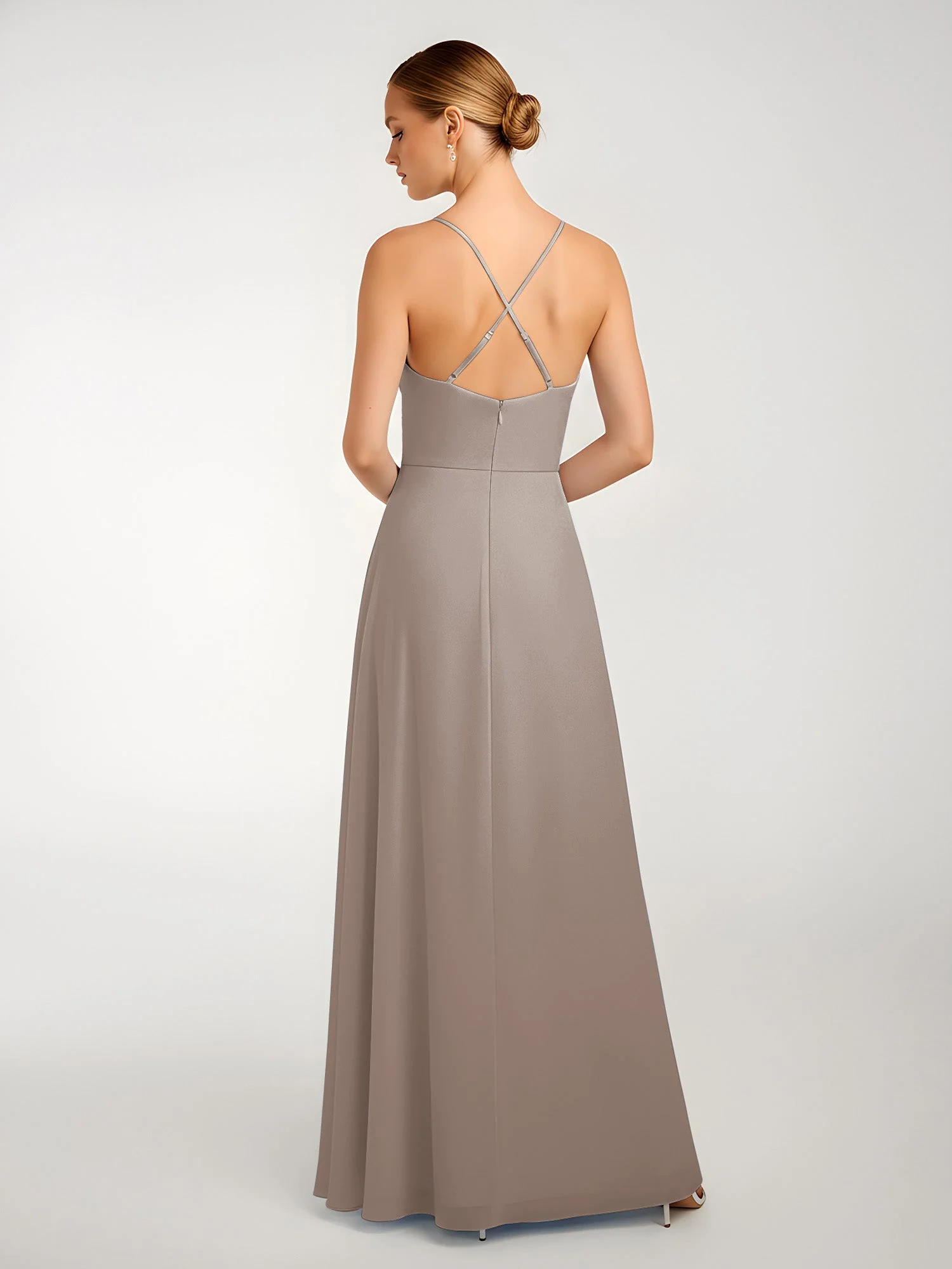 Chiffon A-Linie Gekreuzte Träger Kleid mit Schlitz Taupe - Image 2