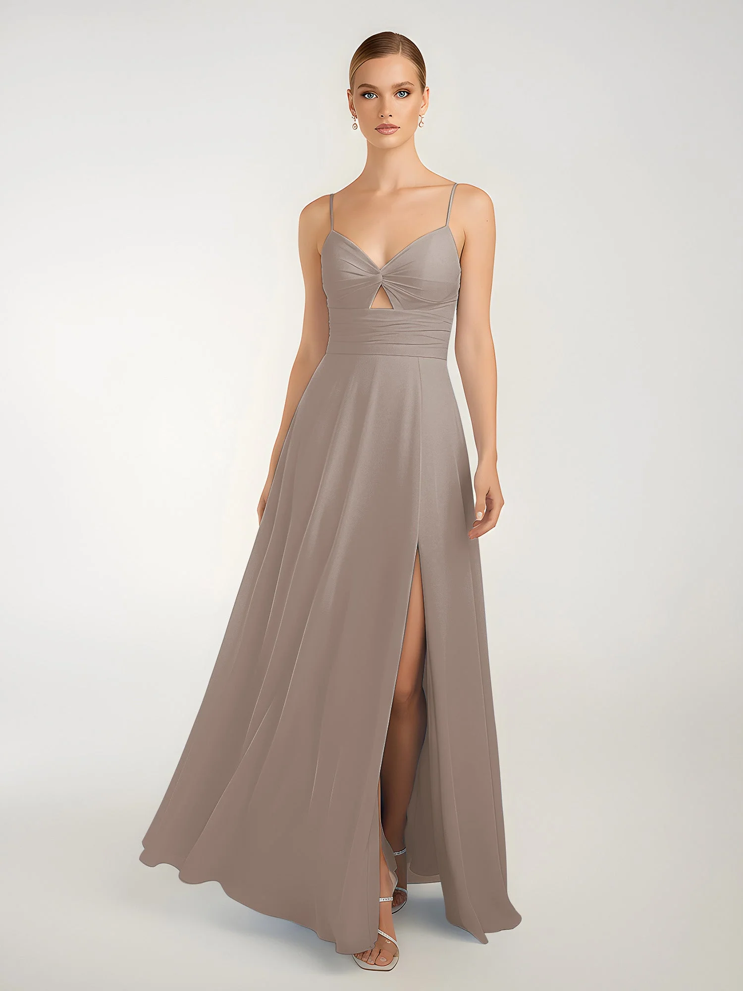 Chiffon A-Linie Gekreuzte Träger Kleid mit Schlitz Taupe - Image 3