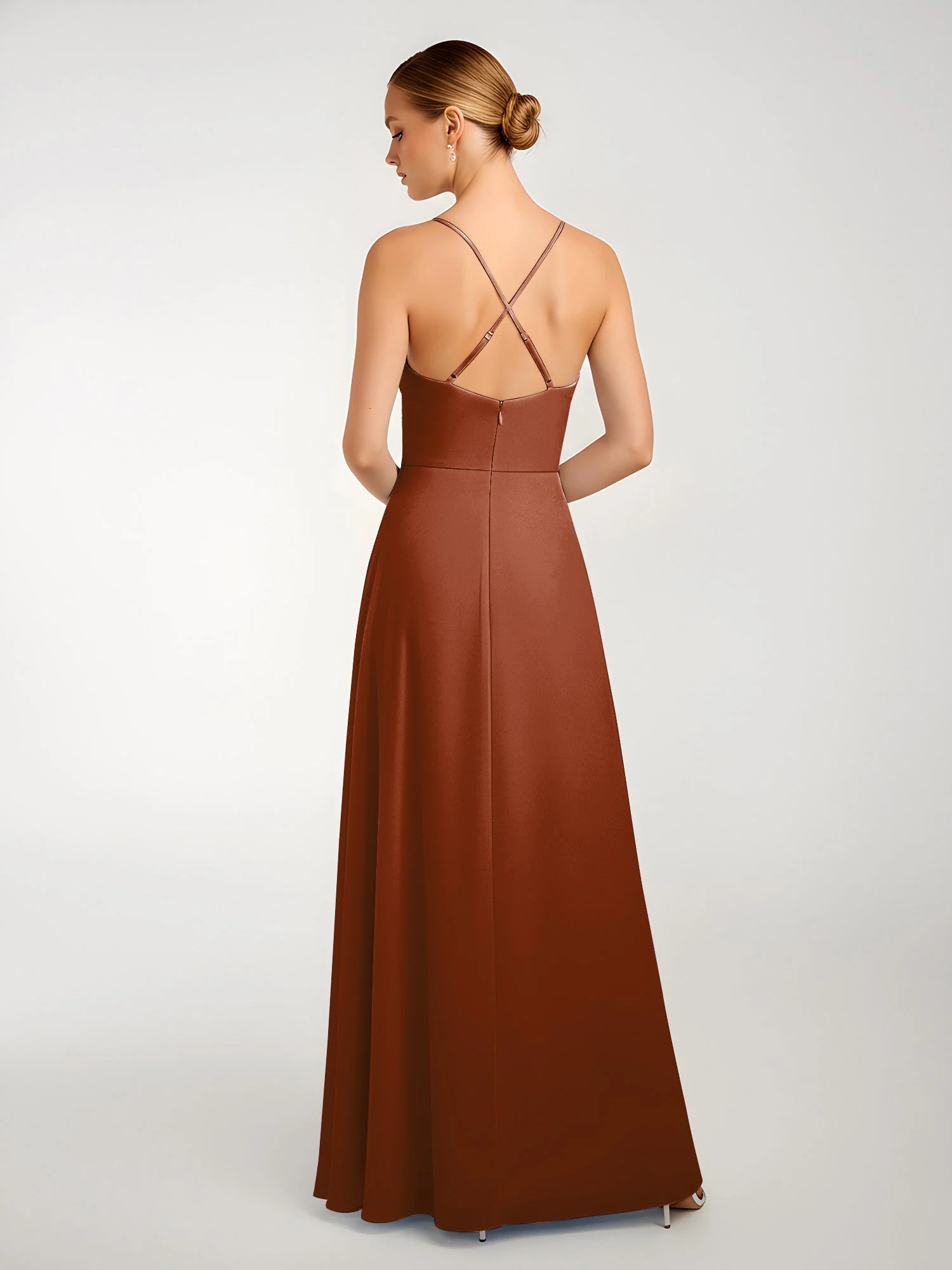 Chiffon A-Linie Gekreuzte Träger Kleid mit Schlitz Terrakotta - Image 2