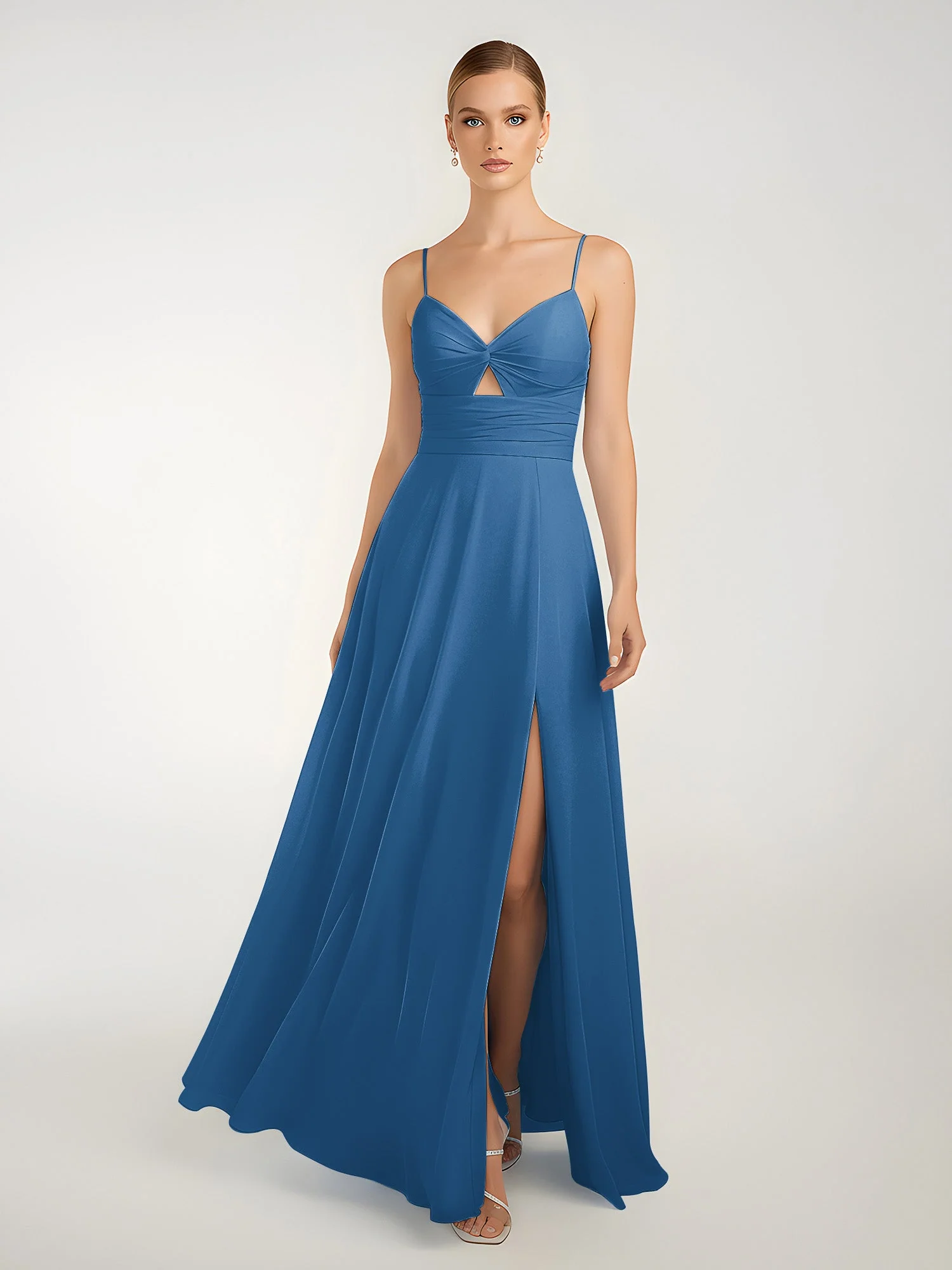 Chiffon A-Linie Gekreuzte Träger Kleid mit Schlitz Tinte Blau - Image 3