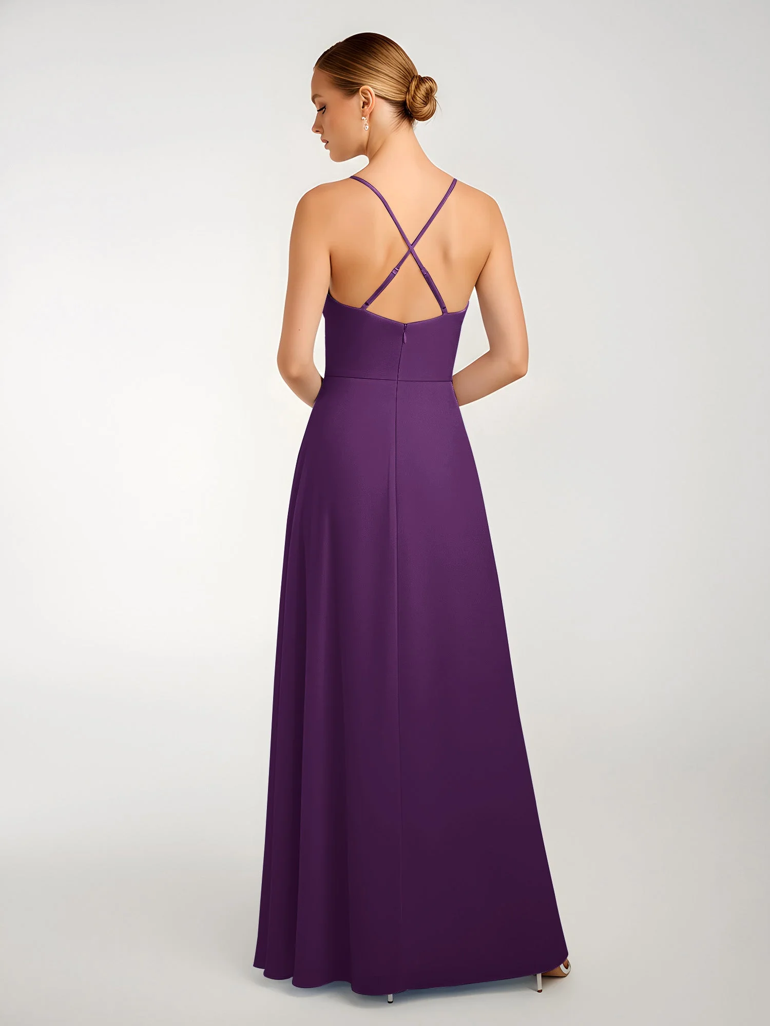 Chiffon A-Linie Gekreuzte Träger Kleid mit Schlitz Traube - Image 2