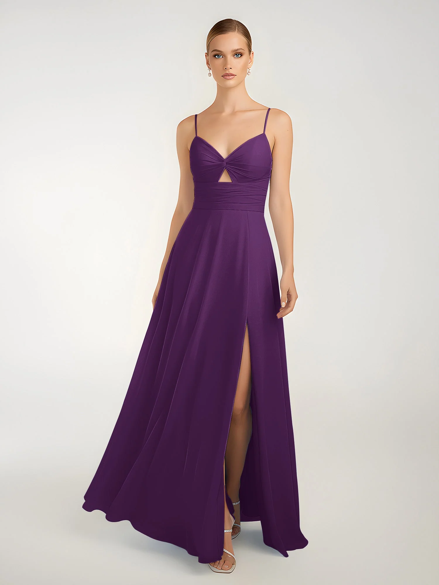 Chiffon A-Linie Gekreuzte Träger Kleid mit Schlitz Traube - Image 3