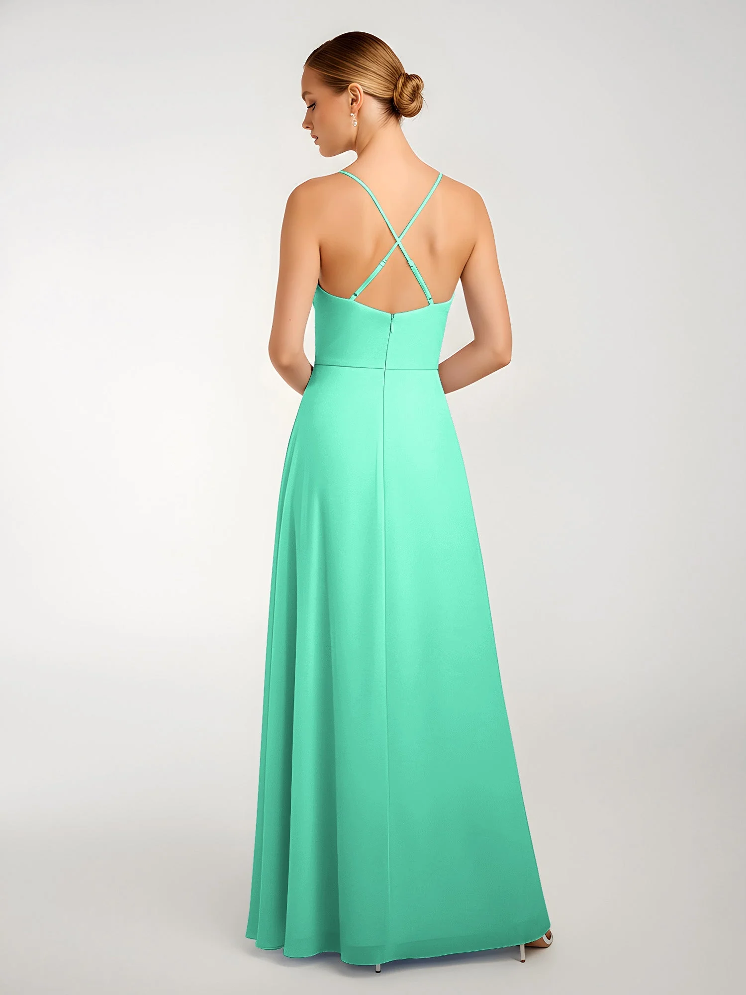 Chiffon A-Linie Gekreuzte Träger Kleid mit Schlitz Türkis - Image 2
