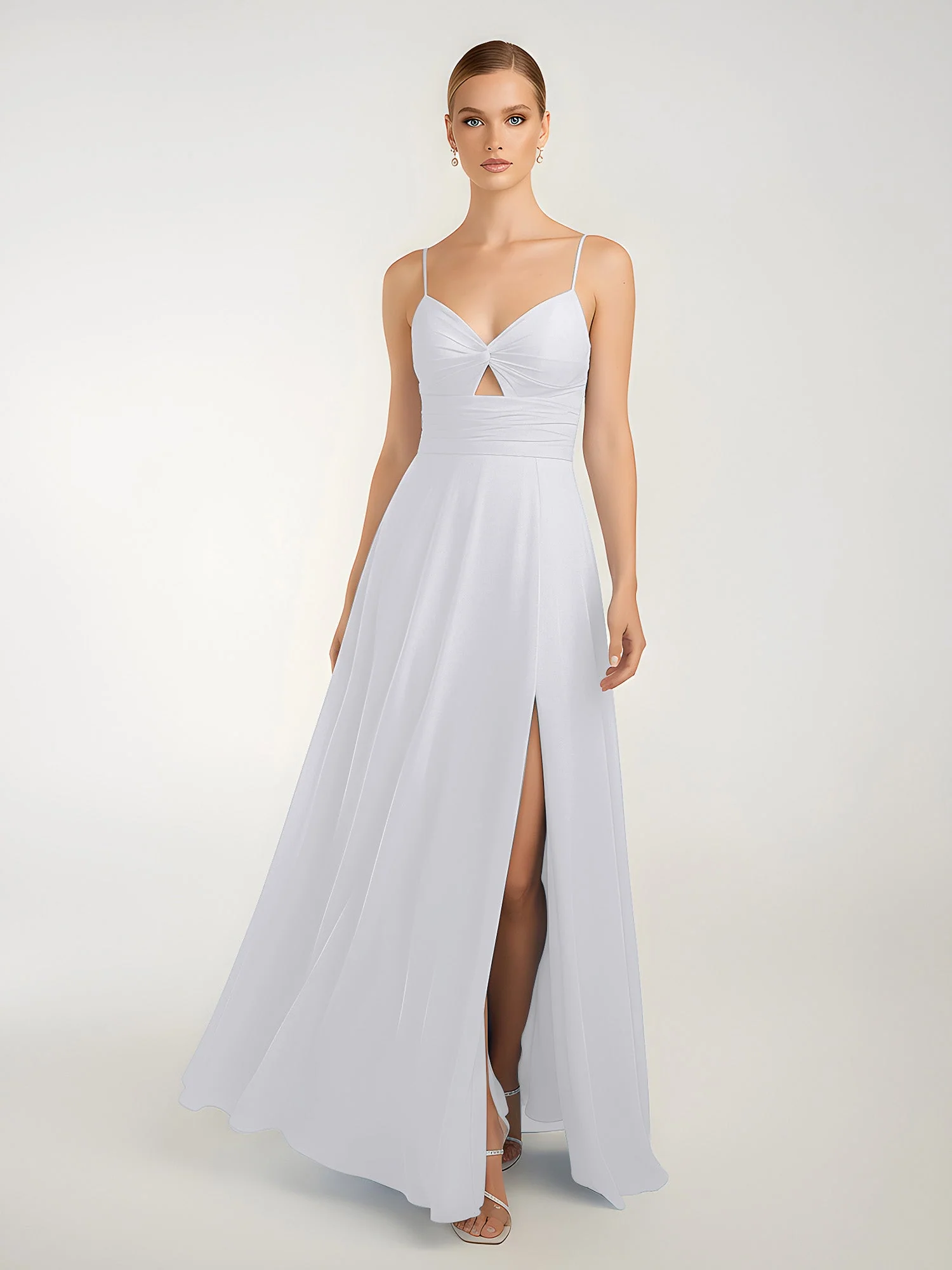 Chiffon A-Linie Gekreuzte Träger Kleid mit Schlitz Weiß - Image 3