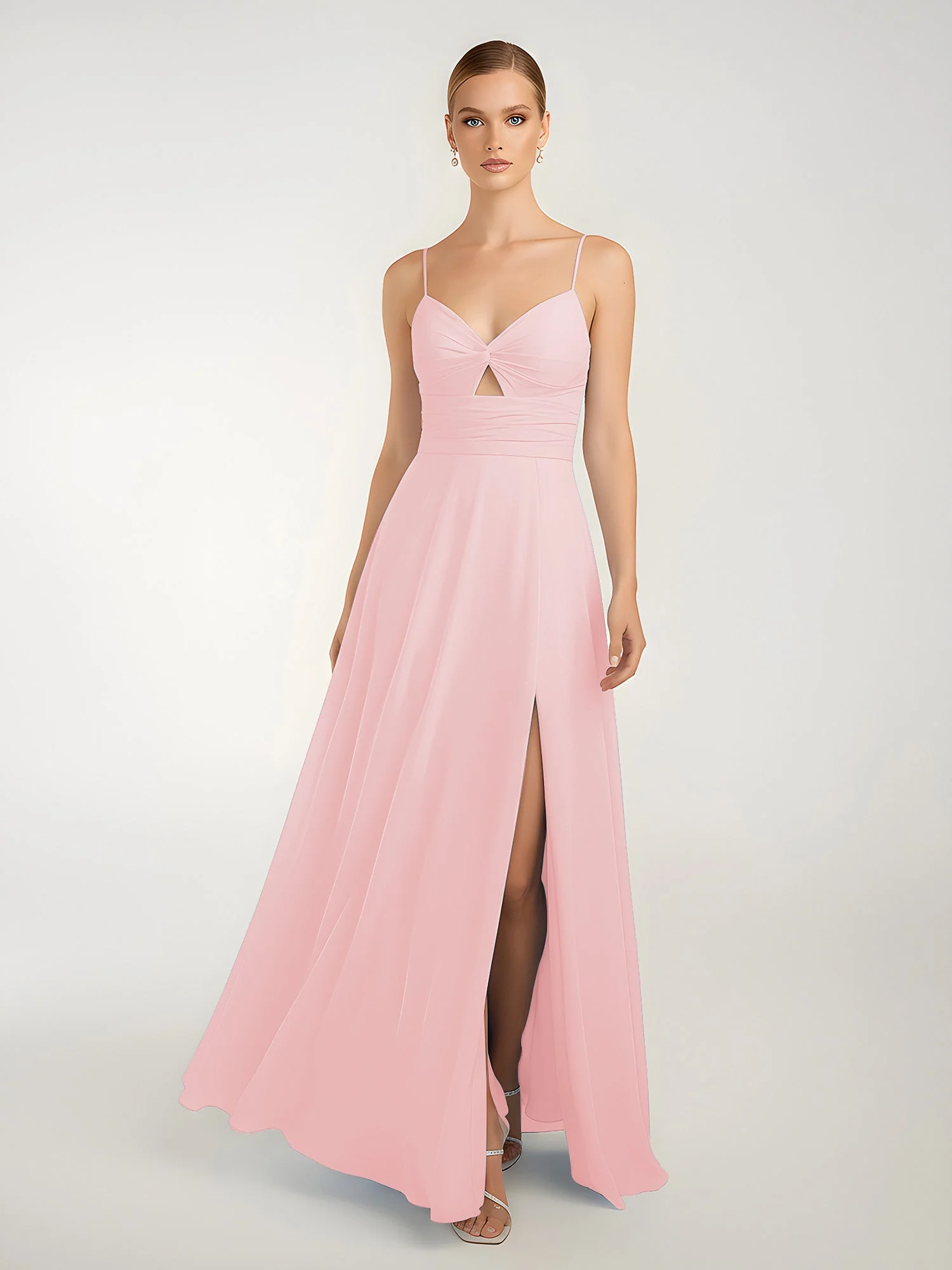 Chiffon A-Linie Gekreuzte Träger Kleid mit Schlitz Zartrosa - Image 3