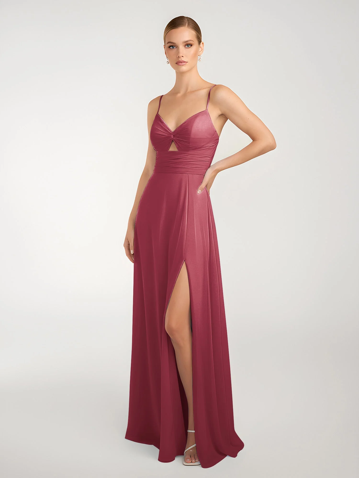 Chiffon A-Linie Gekreuzte Träger Kleid mit Schlitz Zimtrose