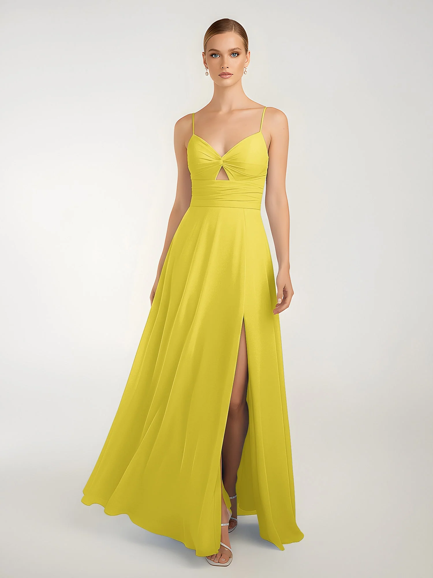 Chiffon A-Linie Gekreuzte Träger Kleid mit Schlitz Zitrone - Image 3