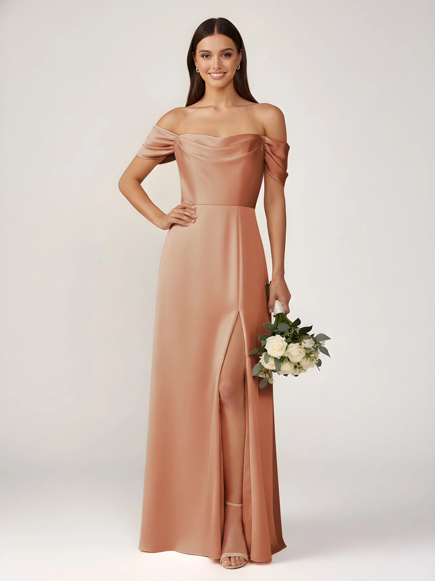 Schulterfrei A-Linie Bodenlang Kleid mit Schlitz Bronzer