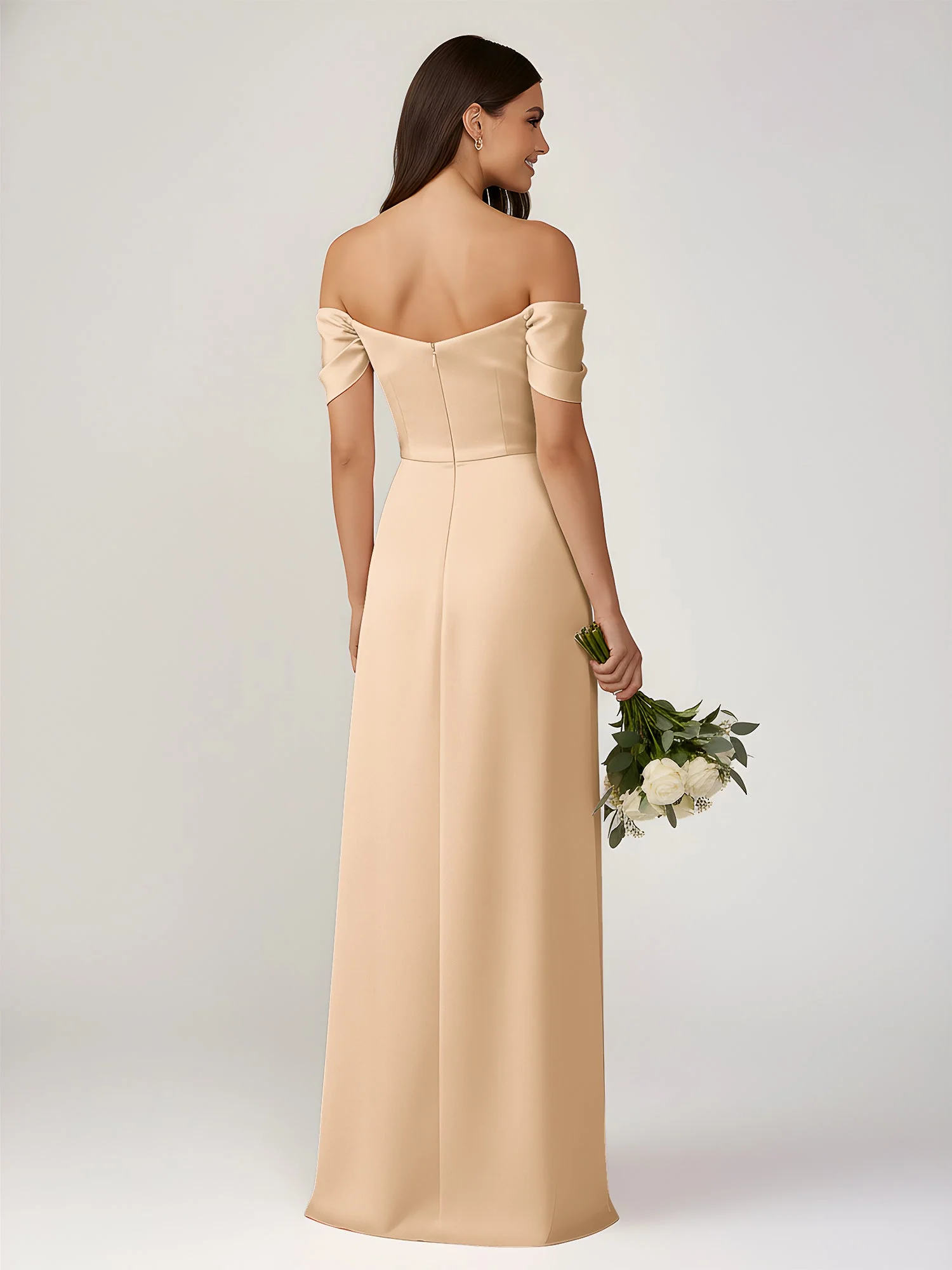 Schulterfrei A-Linie Bodenlang Kleid mit Schlitz Champagner - Image 2