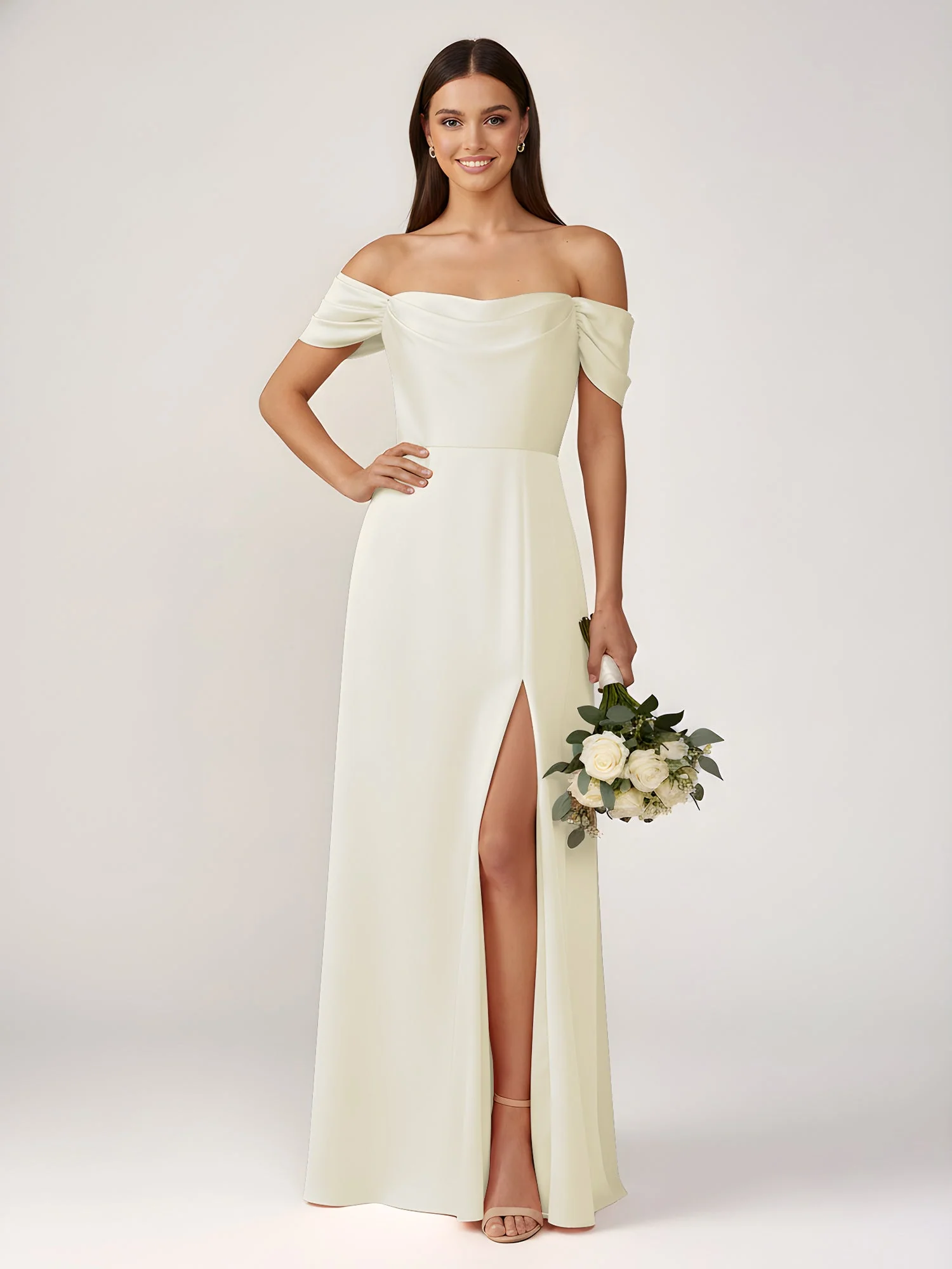 Schulterfrei A-Linie Bodenlang Kleid mit Schlitz Elfenbein