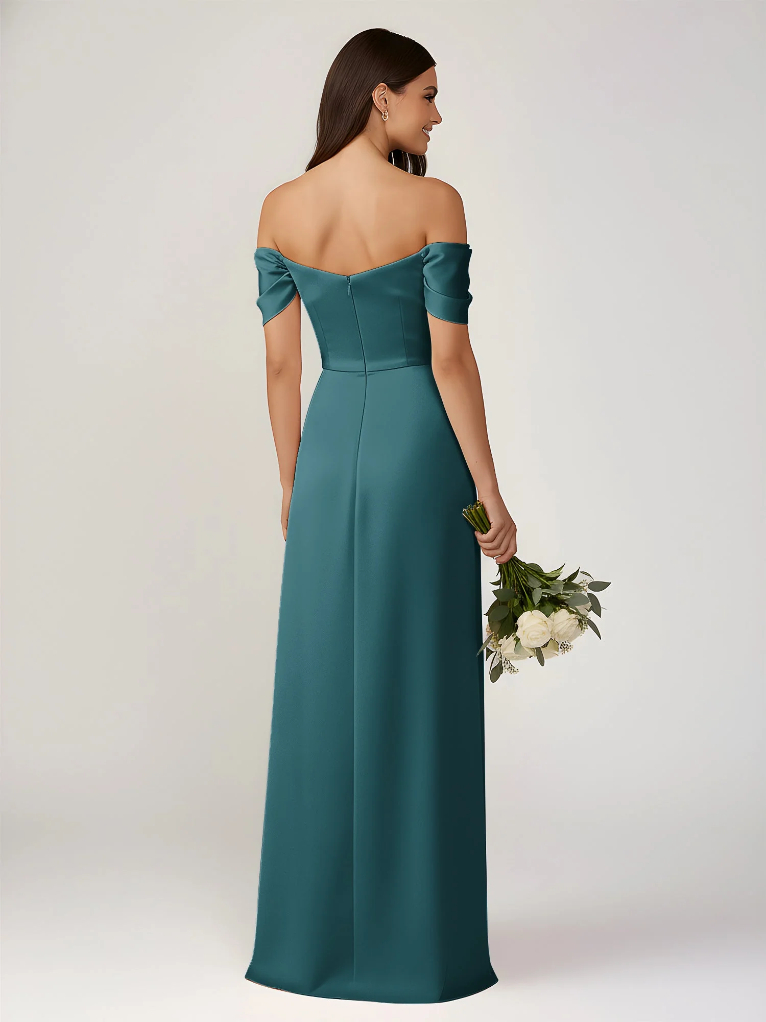 Schulterfrei A-Linie Bodenlang Kleid mit Schlitz Pfau - Image 2