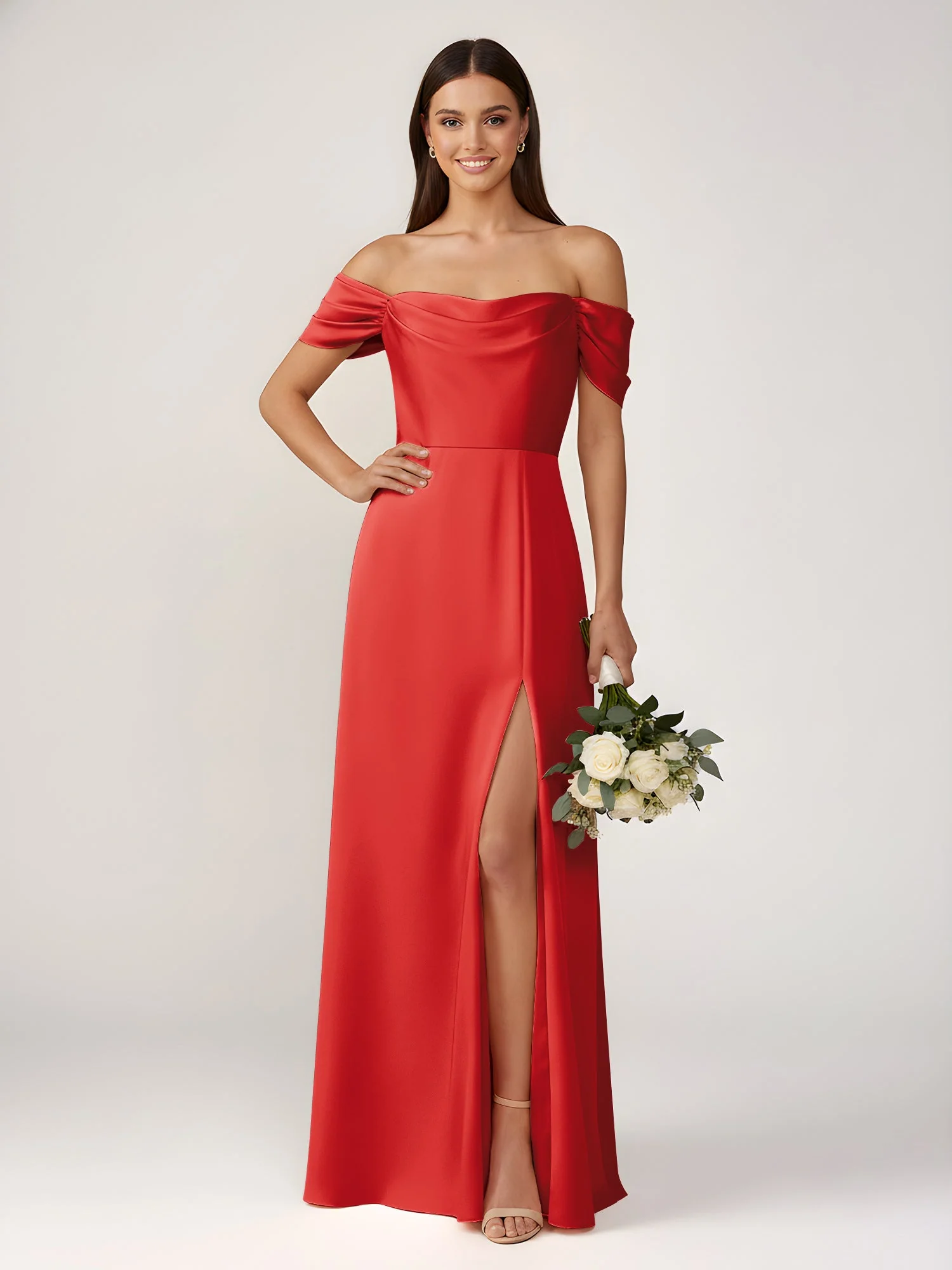 Schulterfrei A-Linie Bodenlang Kleid mit Schlitz Rot