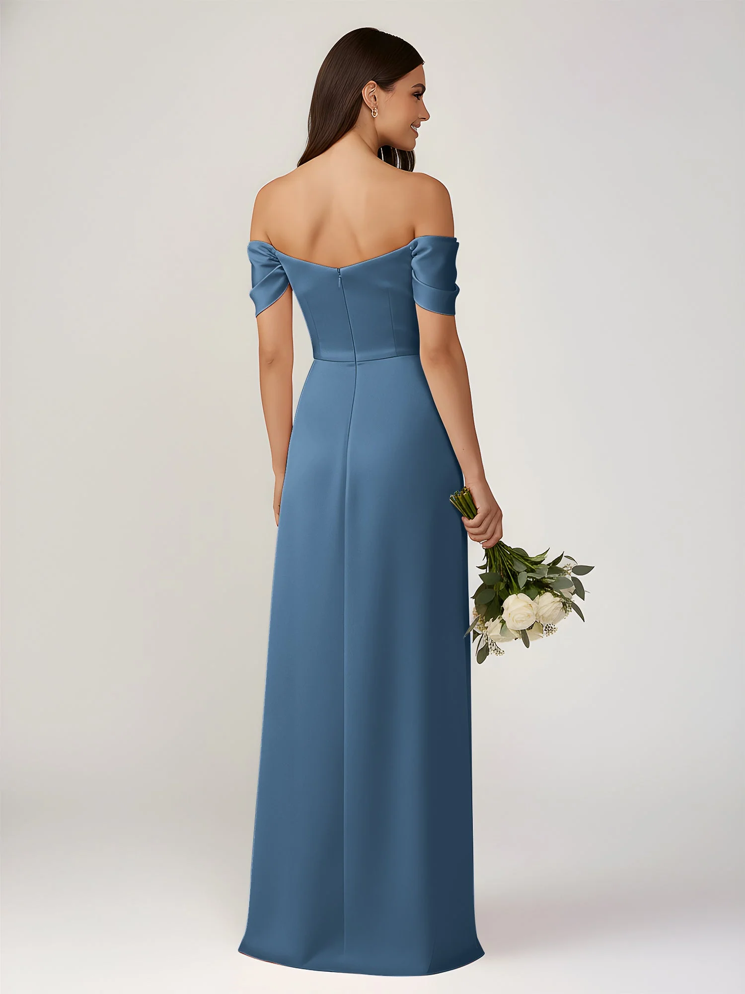 Schulterfrei A-Linie Bodenlang Kleid mit Schlitz Schiefer Blau - Image 2