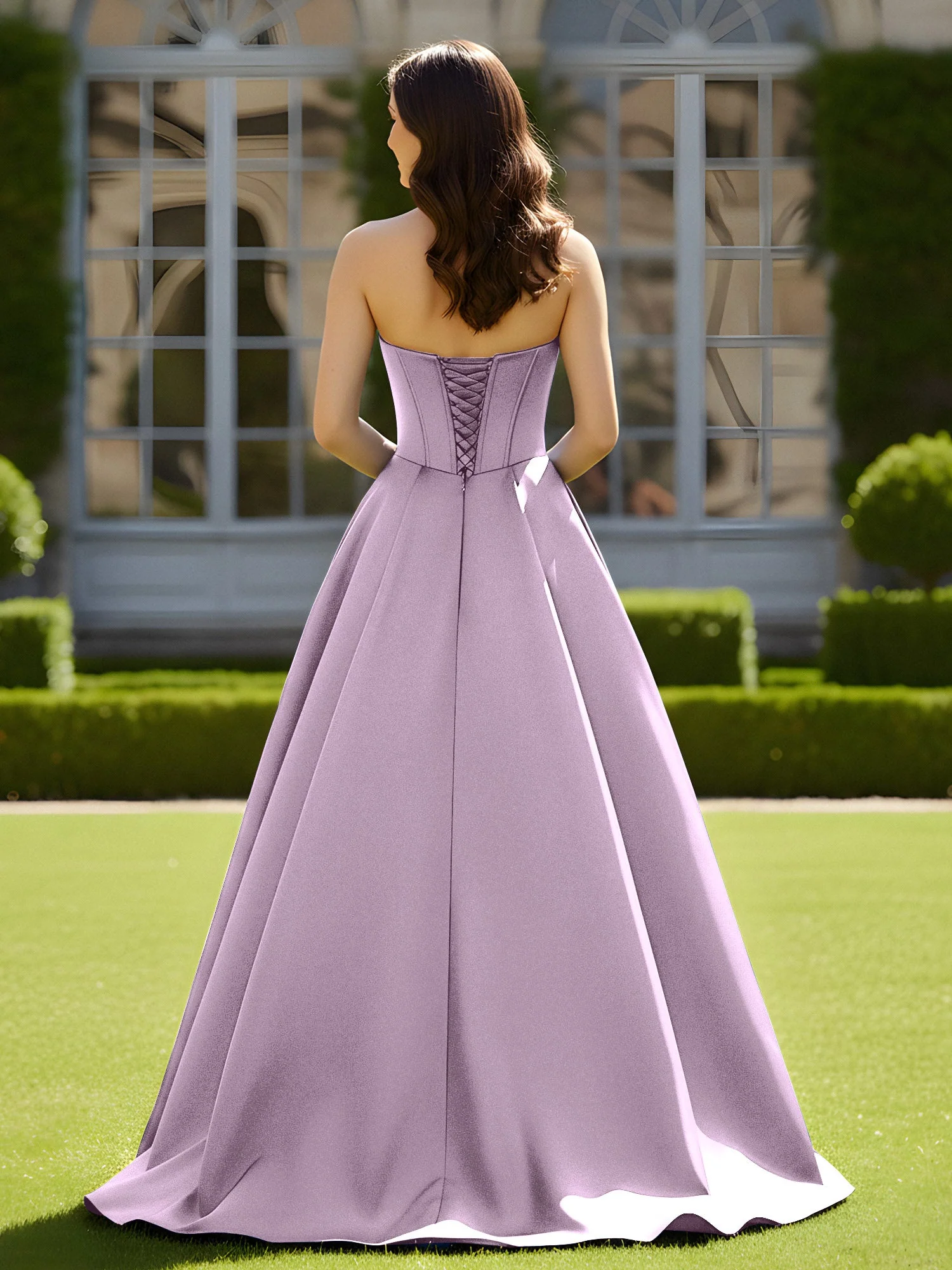 Ärmellos Schleppe Satin Spitzenoberteil Kleid Blauregen - Image 2